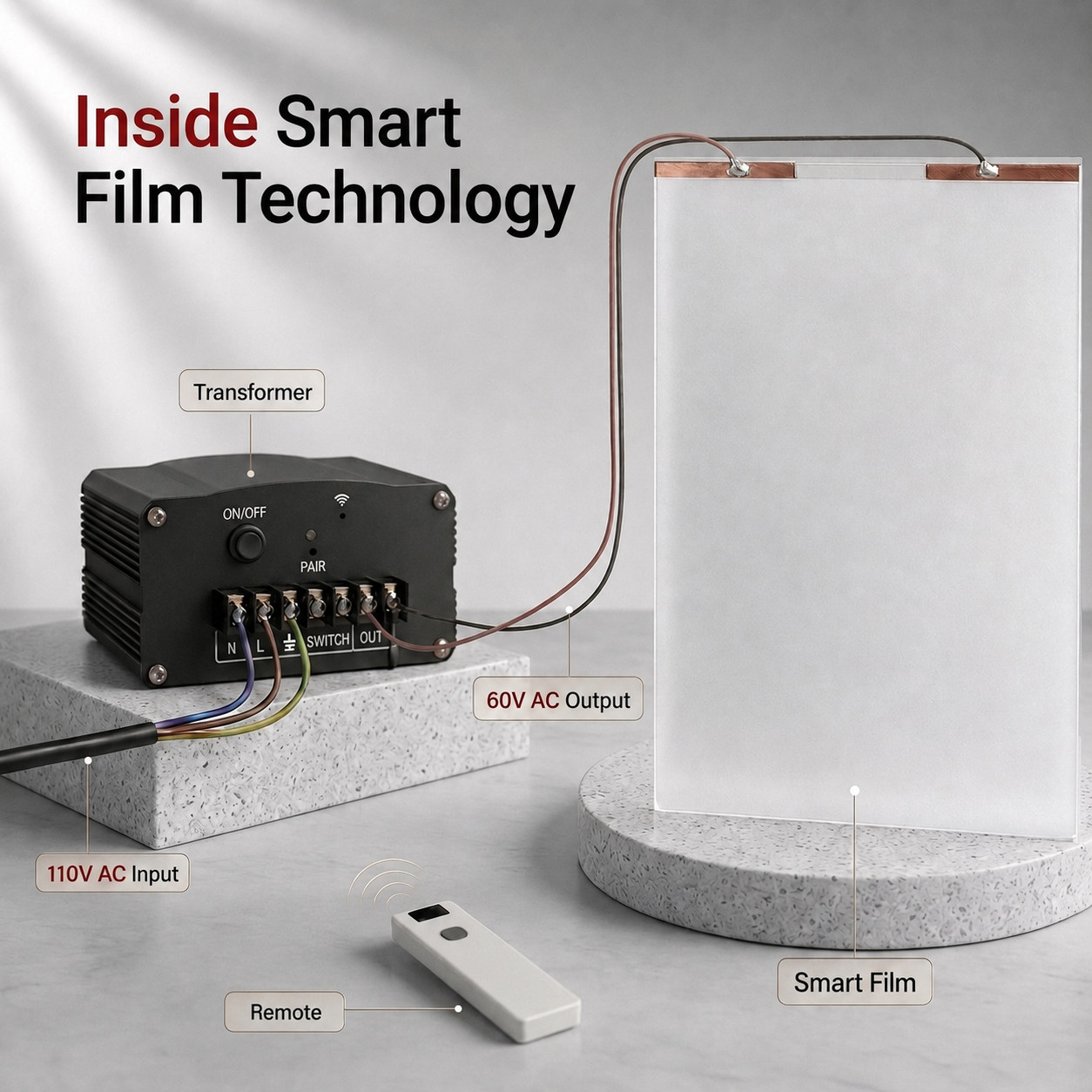 PDLC Smart Window Privacy Film DIY Install Kit Remote Transformer Wires Squeegee
