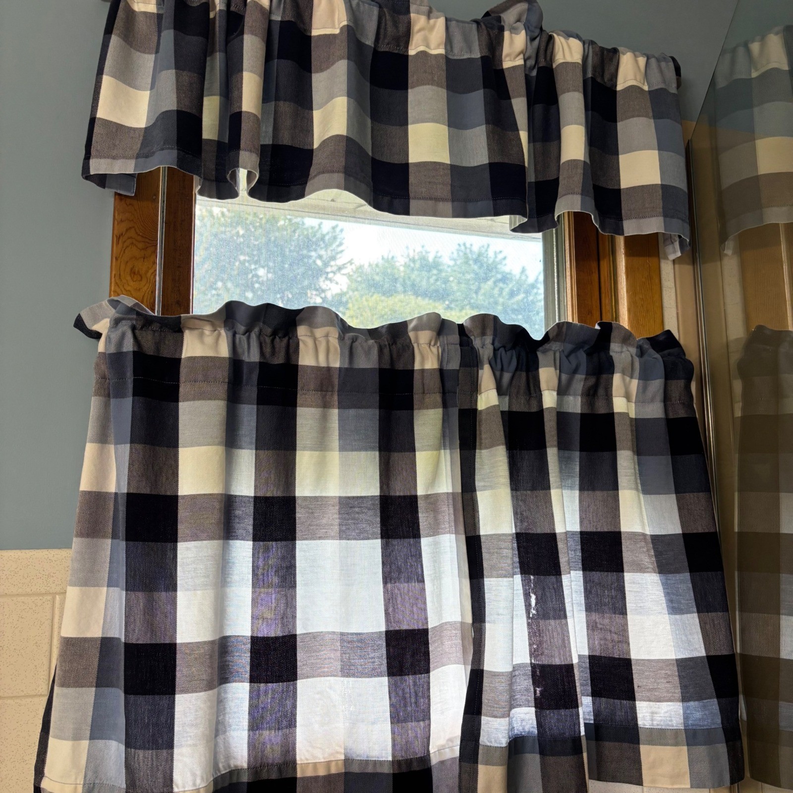 Navy Blue Buffalo Plaid Cafe Curtain Set Farmhouse Check Valance & Tiers 32in