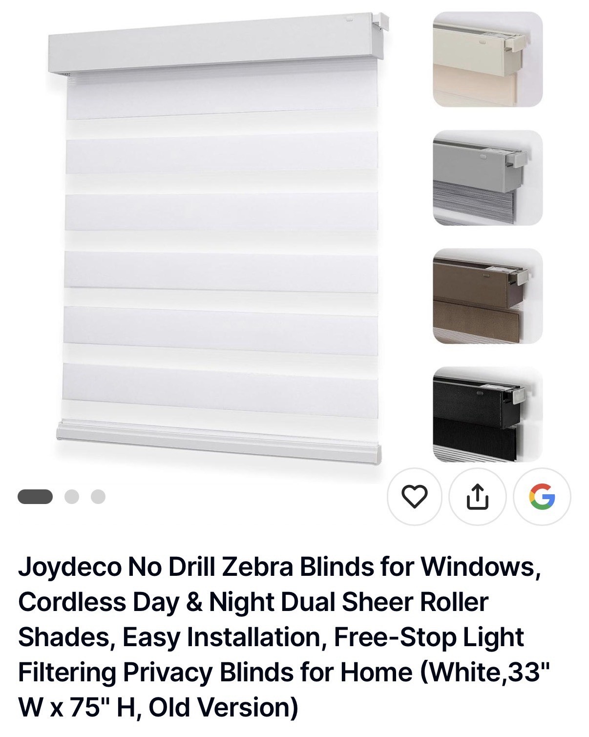 Joydeco No Drill Cordless Zebra Blinds Light Filtering White 33″x75″ Old Version