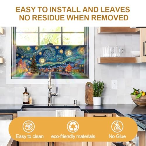 Decorative Window Film Swirling Night Winter Village, 39.37×17.32 Colorful1182