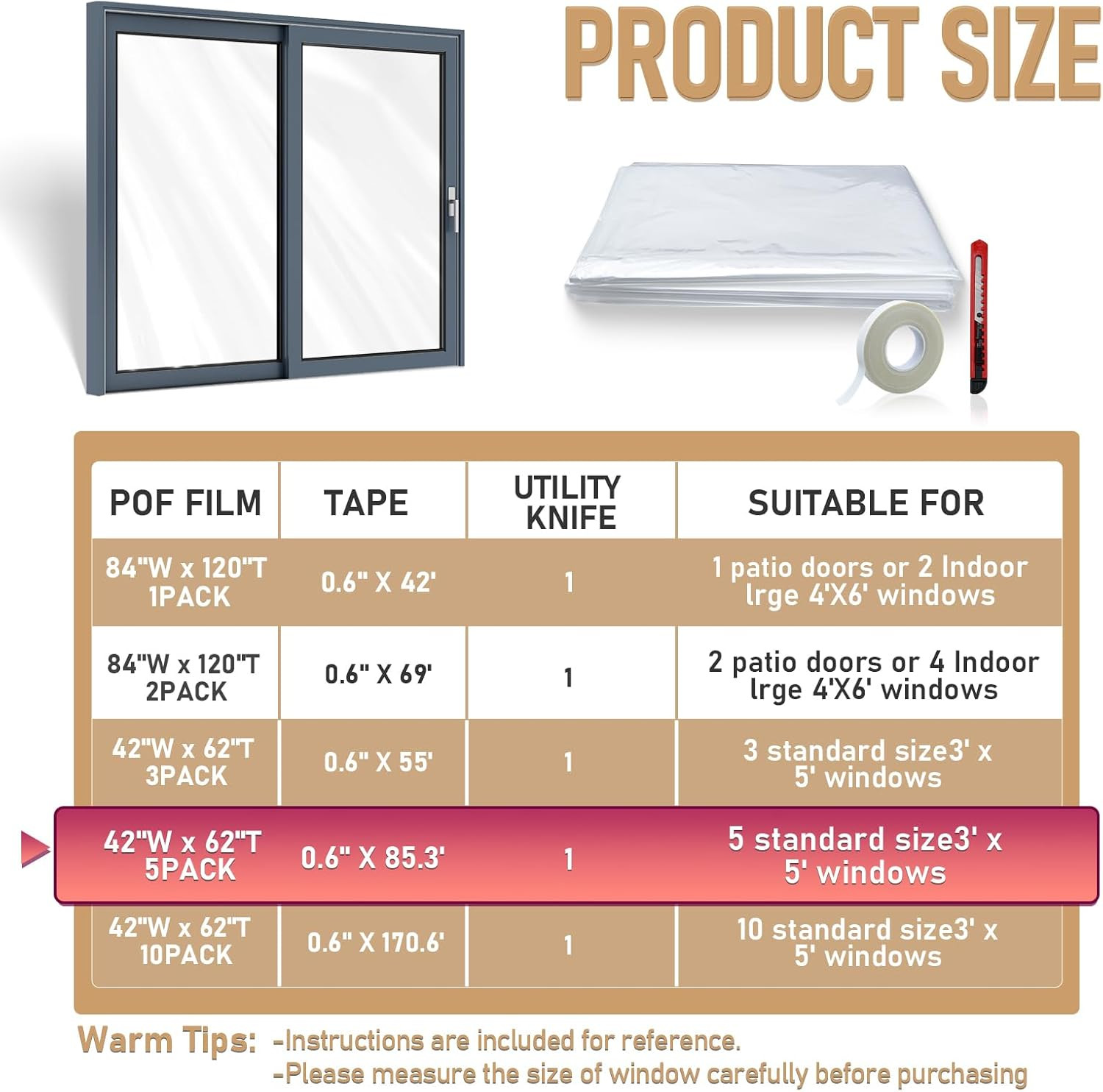 Window Insulation Kit for Winter,Plastic Shrink Film & Strong Tape, Indoor Therm