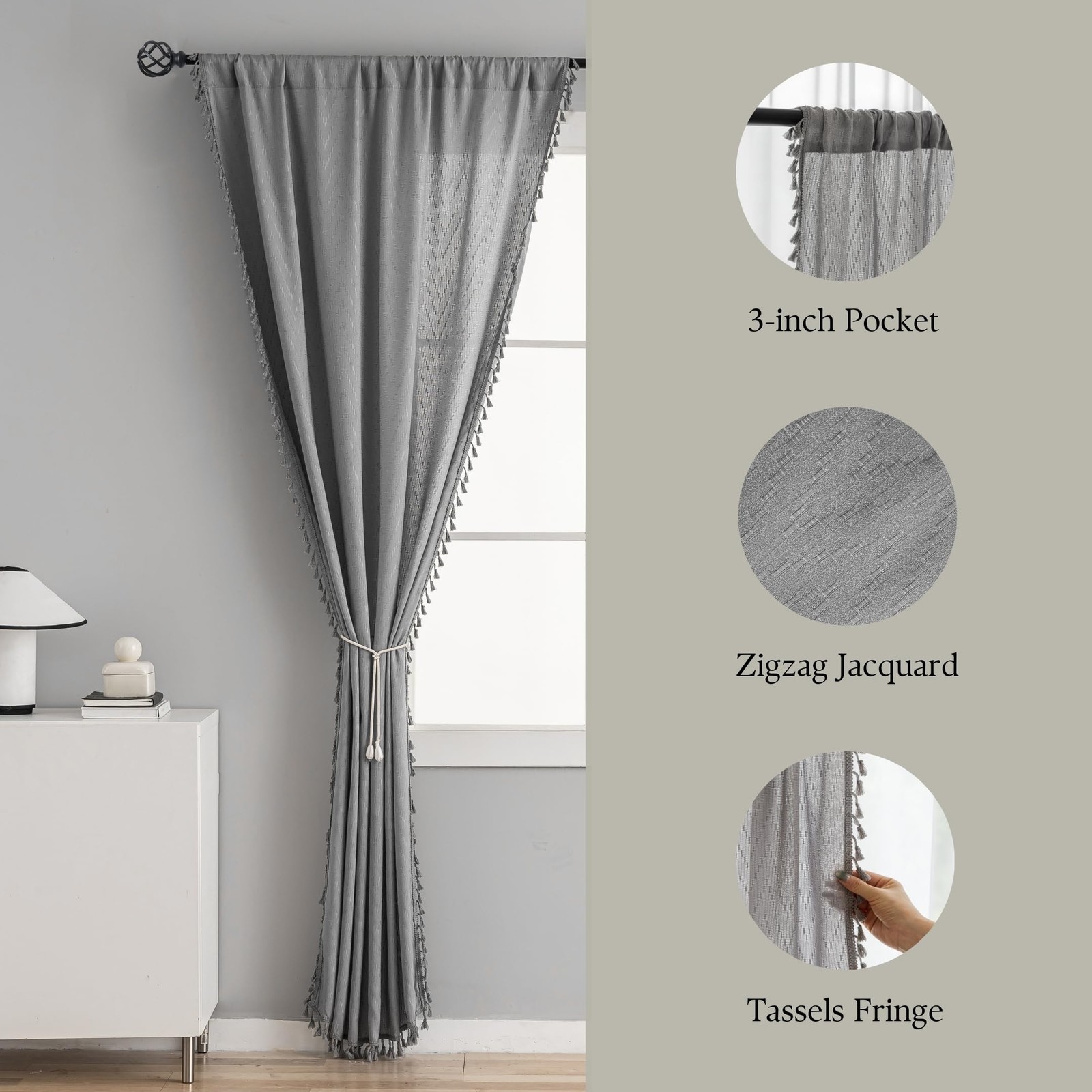 Voilybird Farmhouse Curtains Tassel Fringe Geometric Design Boho Curtains 90