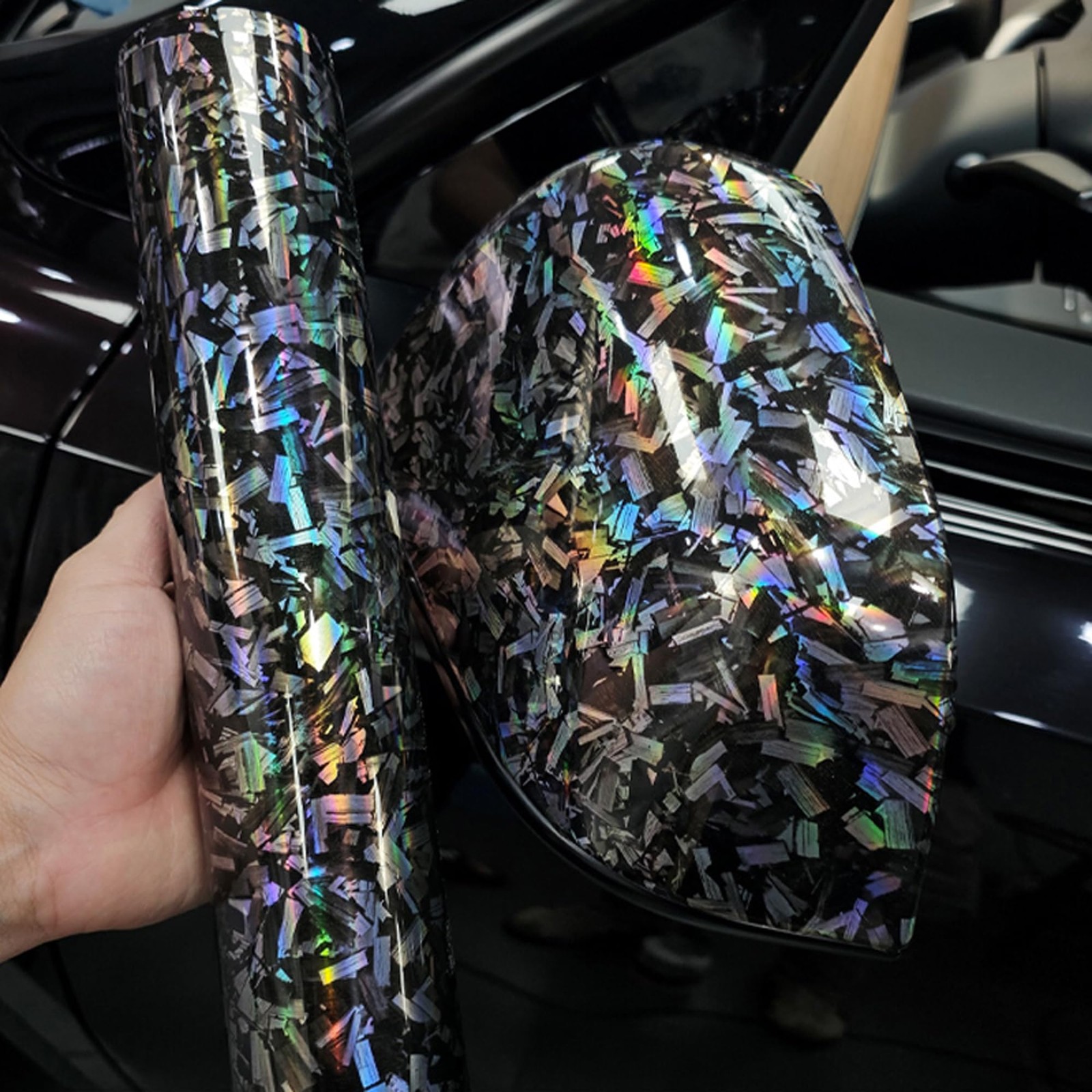 Aumohall Holographic Black Rainbow Forged Carbon Laser Car Vinyl Wrap Gloss