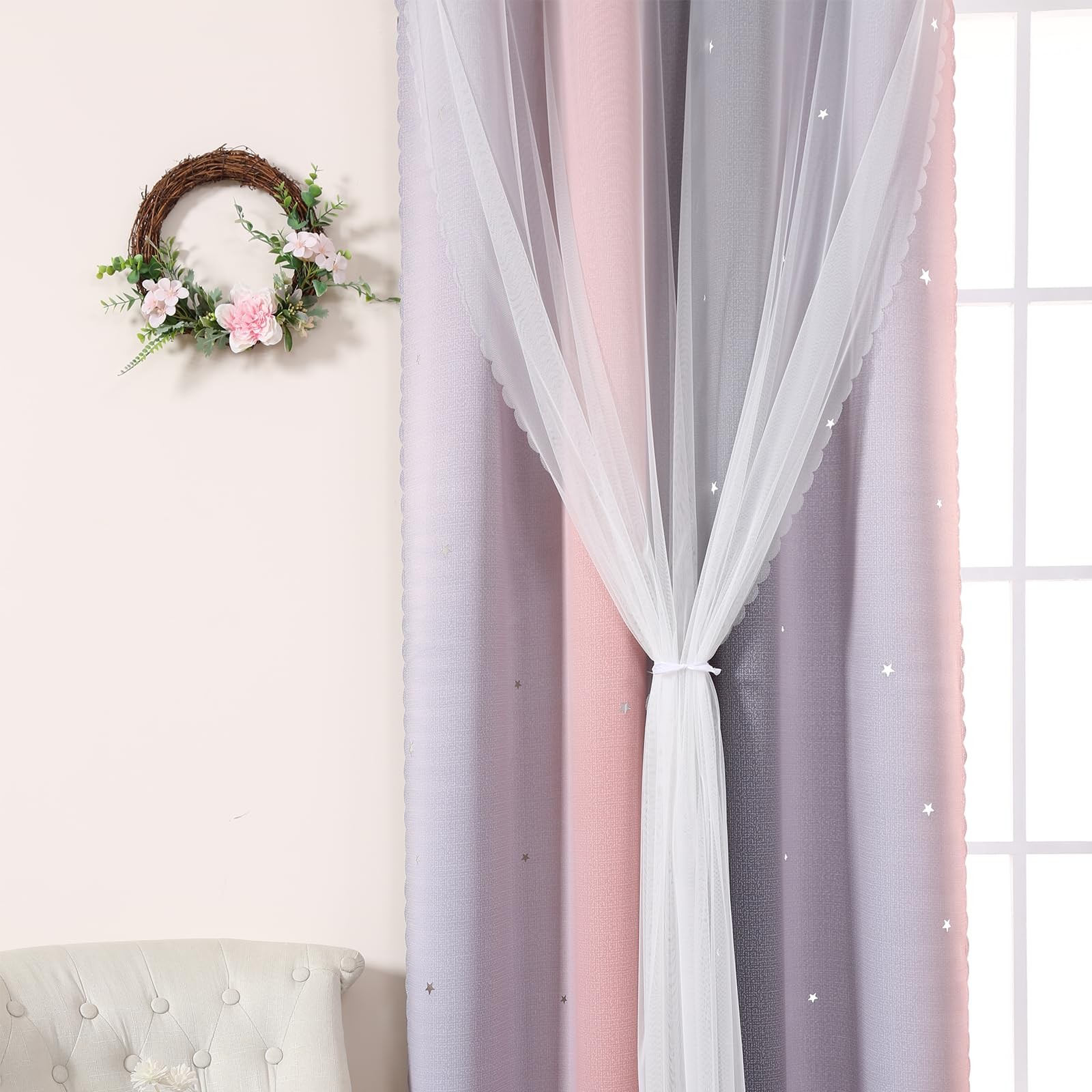 Pink and Grey Curtains Nursery Curtains for Bedroom Star Blackout Window Curt…