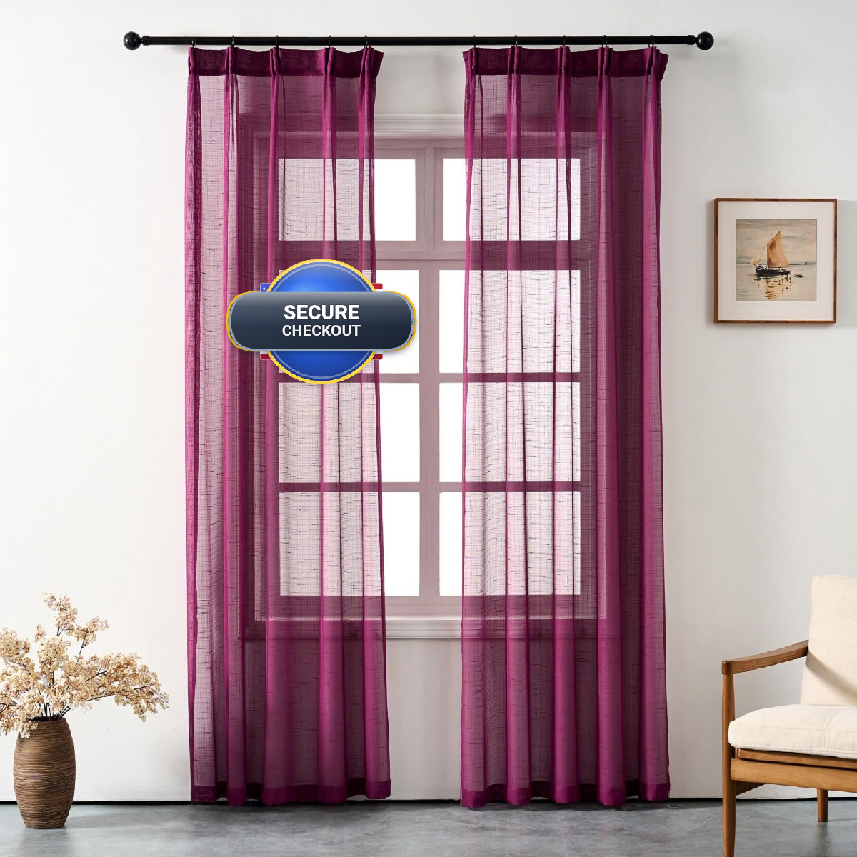 Ftinala Plum Purple Sheer 96 Inches Long Dark Linen Look Textured Light