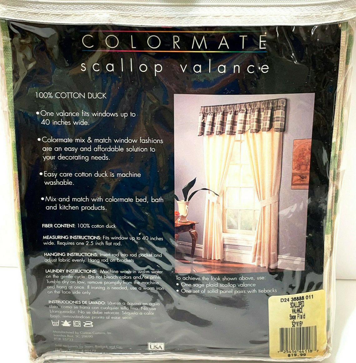 Colormate Valance 52 x 15 Sage Green Plaid Scallop 100% Duck Cotton VTG 2004 USA