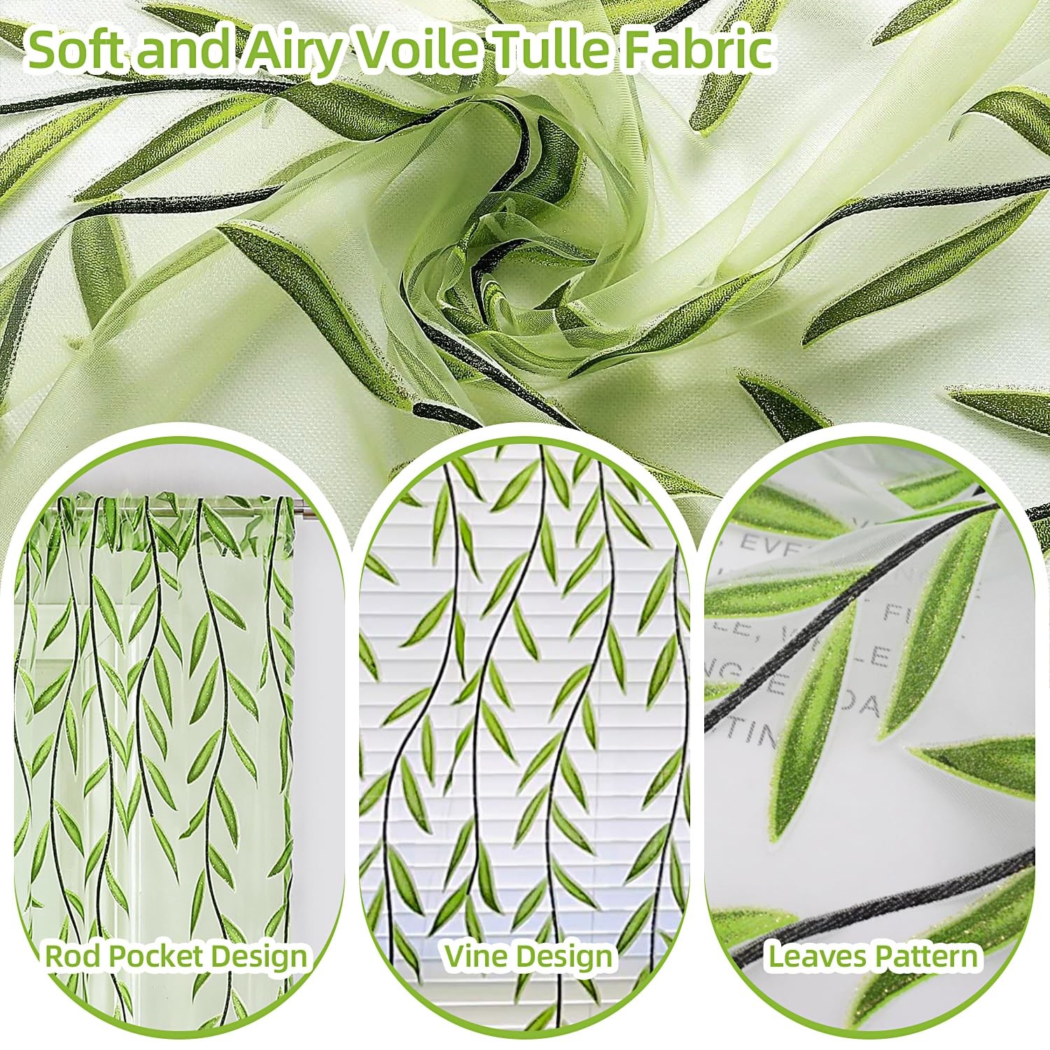 BROSHAN Green Leaf Pattern Sheer Voile Window Curtains for Kids Bedroom Living R
