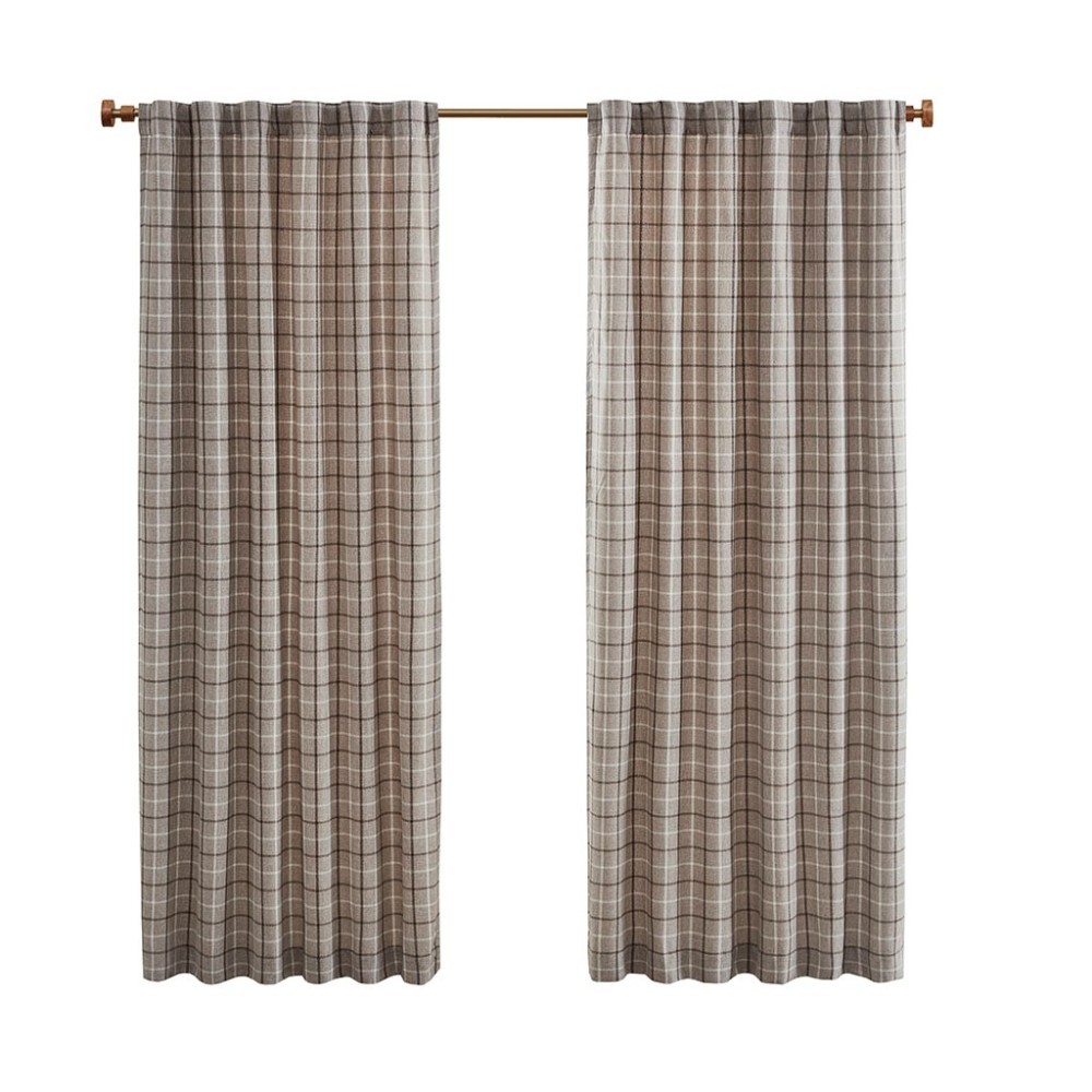 Plaid Rod Pocket and Back Tab Curtain Panel with Fleece Lining Brown 50×95″