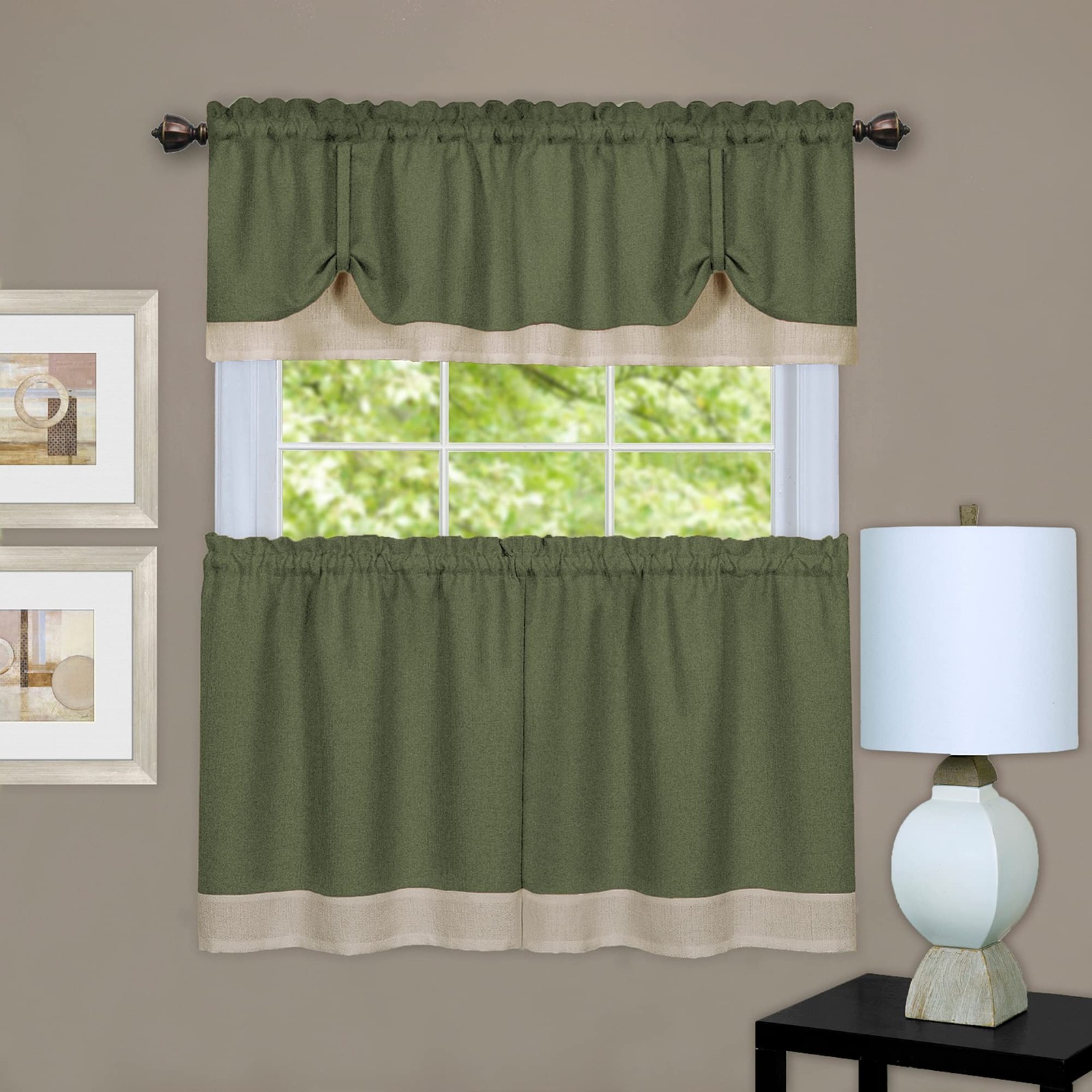Darcy (Green/Camel) Tier and Valance Window Curtain Set – 58 Inch Width, 36 I…