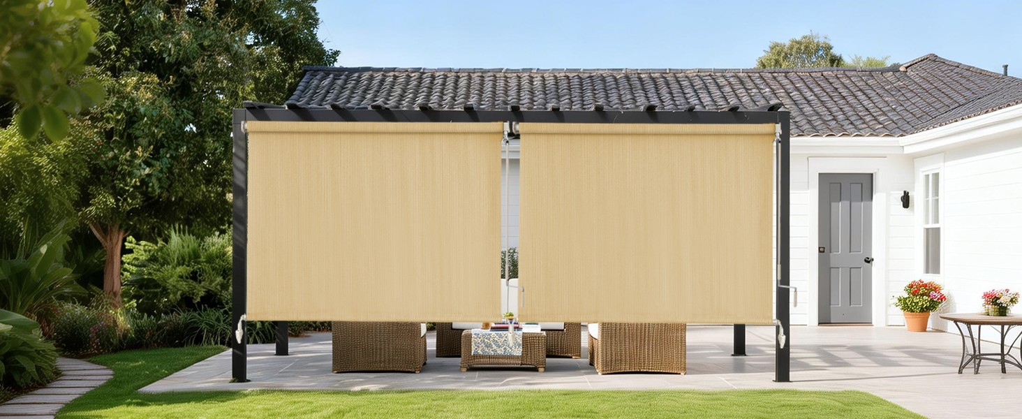 Outdoor Roller Shades for Porch , Cordless Patio Roll Up Blinds with Spliced