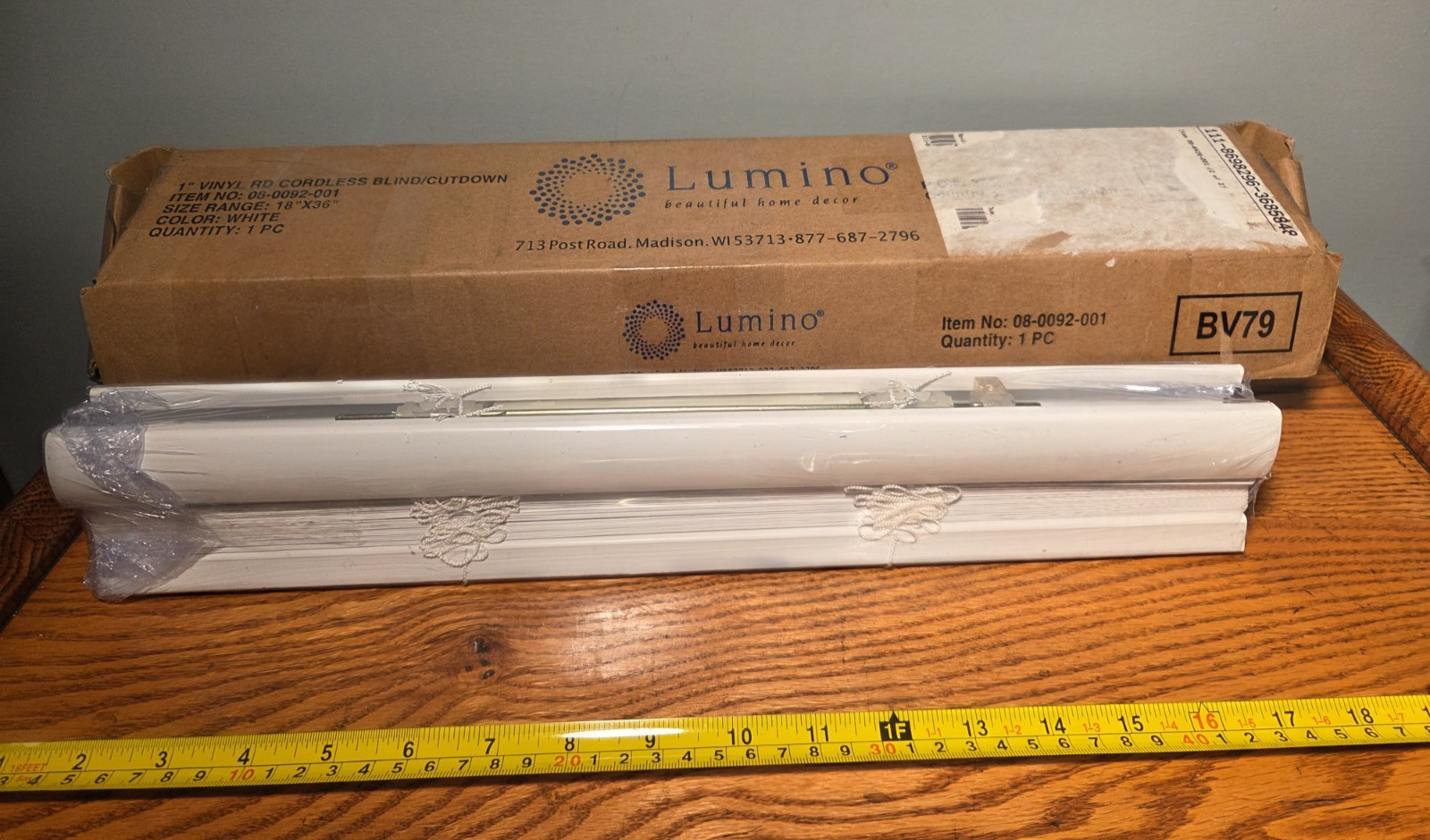 NEW Lumino Cordless Vinyl Mini Blind 36″ x 64″ White #80092001 – Free Shipping