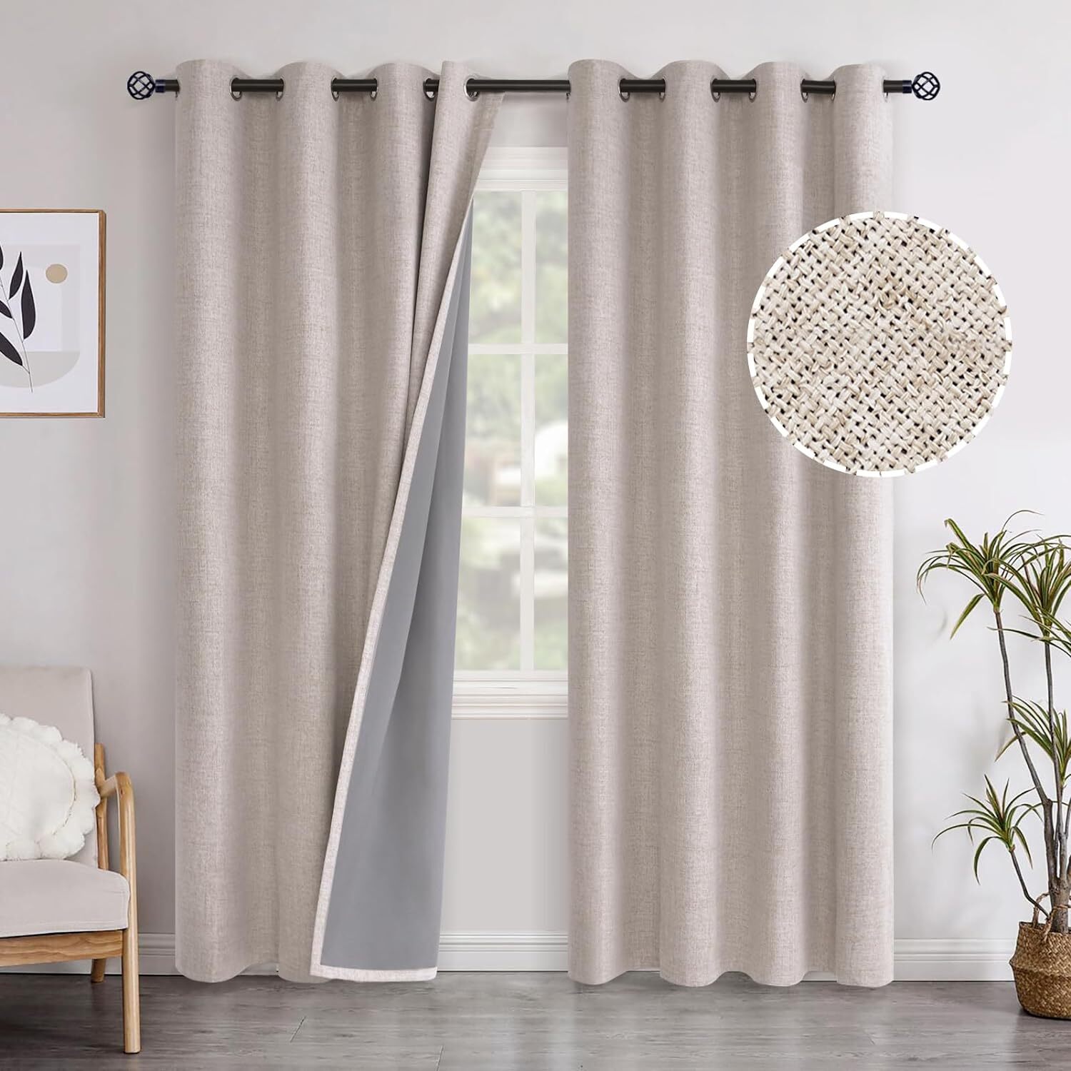 YoungsTex Linen Textured 100% Blackout Curtains with Liner for Bedroom 84 Inches