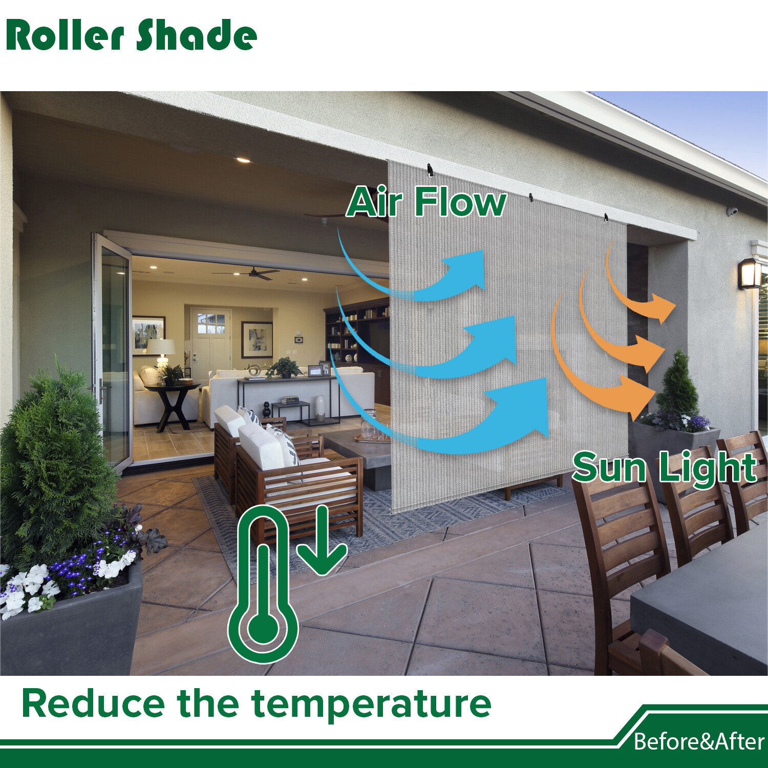 Outdoor Roll up Shade Roller Curtain For Patio Porch Pergola Balcony UV Block