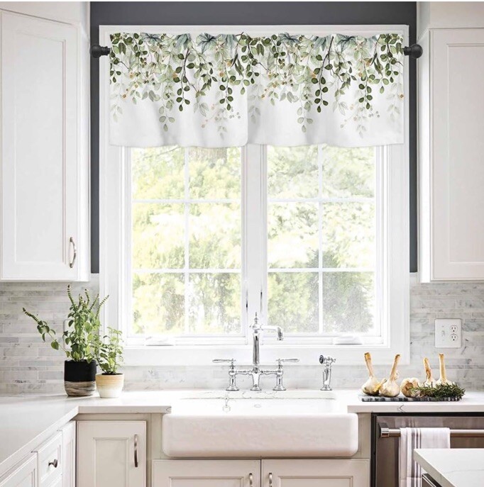 Sage Green Leaf Kithen Curtains Valances for 54″W x 18″L (Pack of 1) Leaves