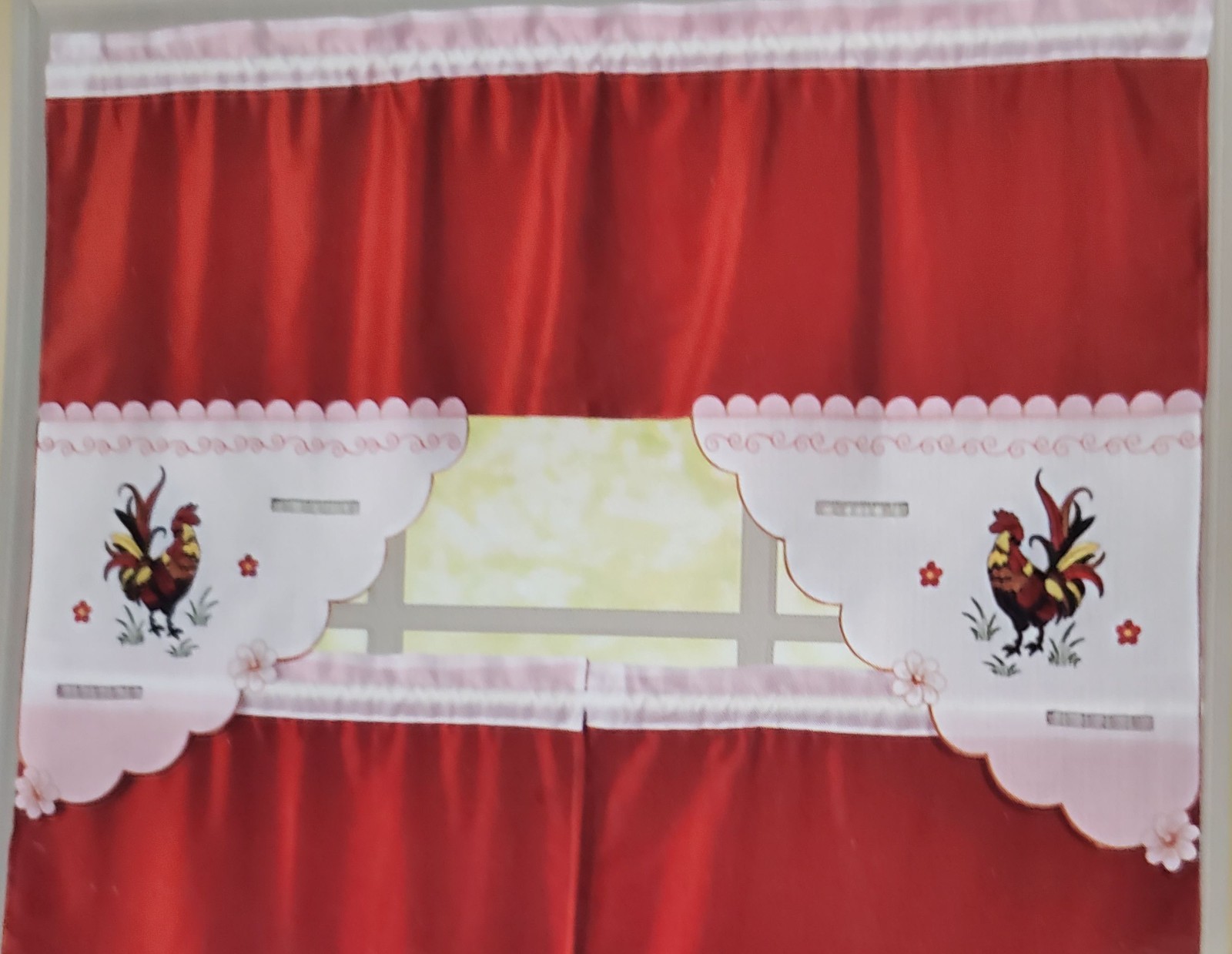 3pc. Embroidery Curtains Set: 2 Tiers & Swag, MULTICOLOR ROOSTER,RED ROOSTER,ACP