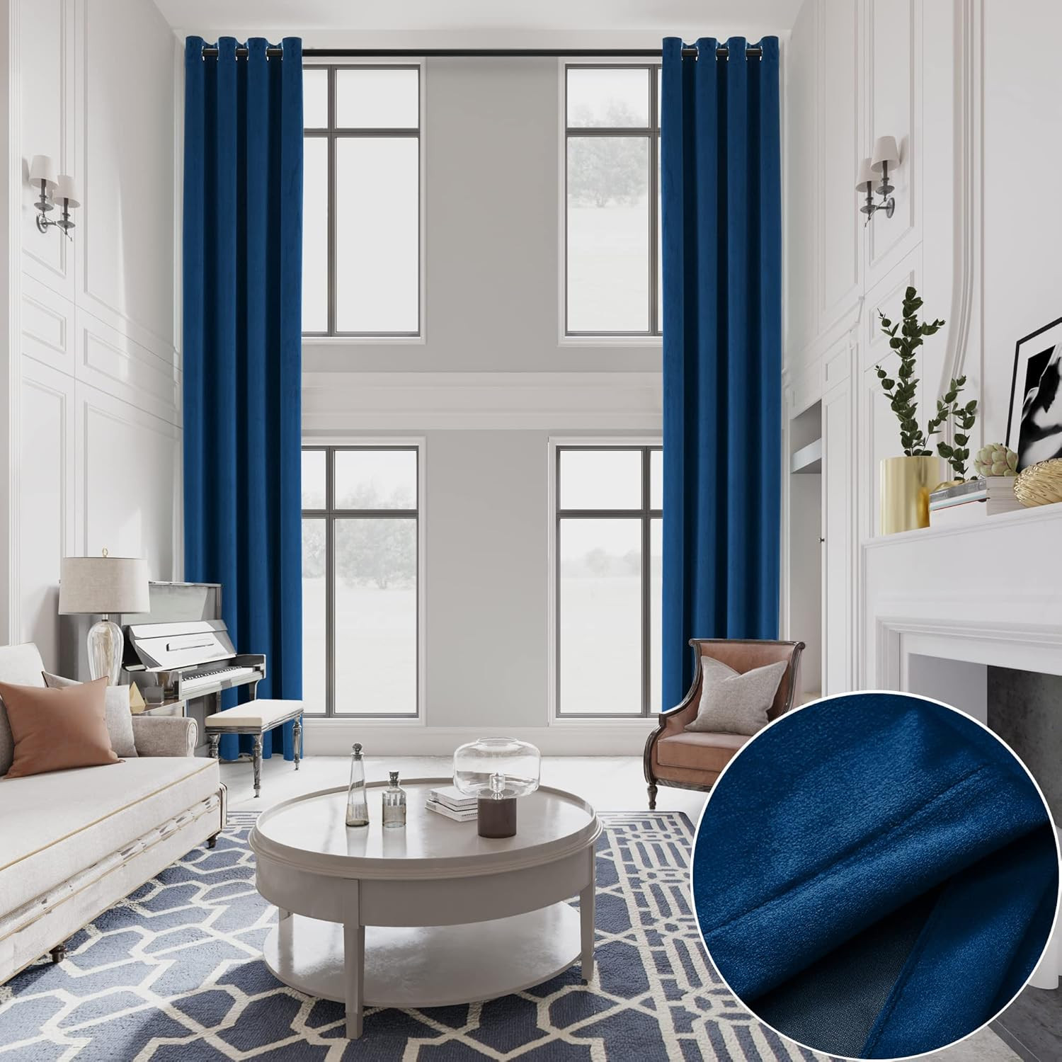 Extra Long Dark Blue Velvet Blackout Curtains 20Ft for High Ceilings