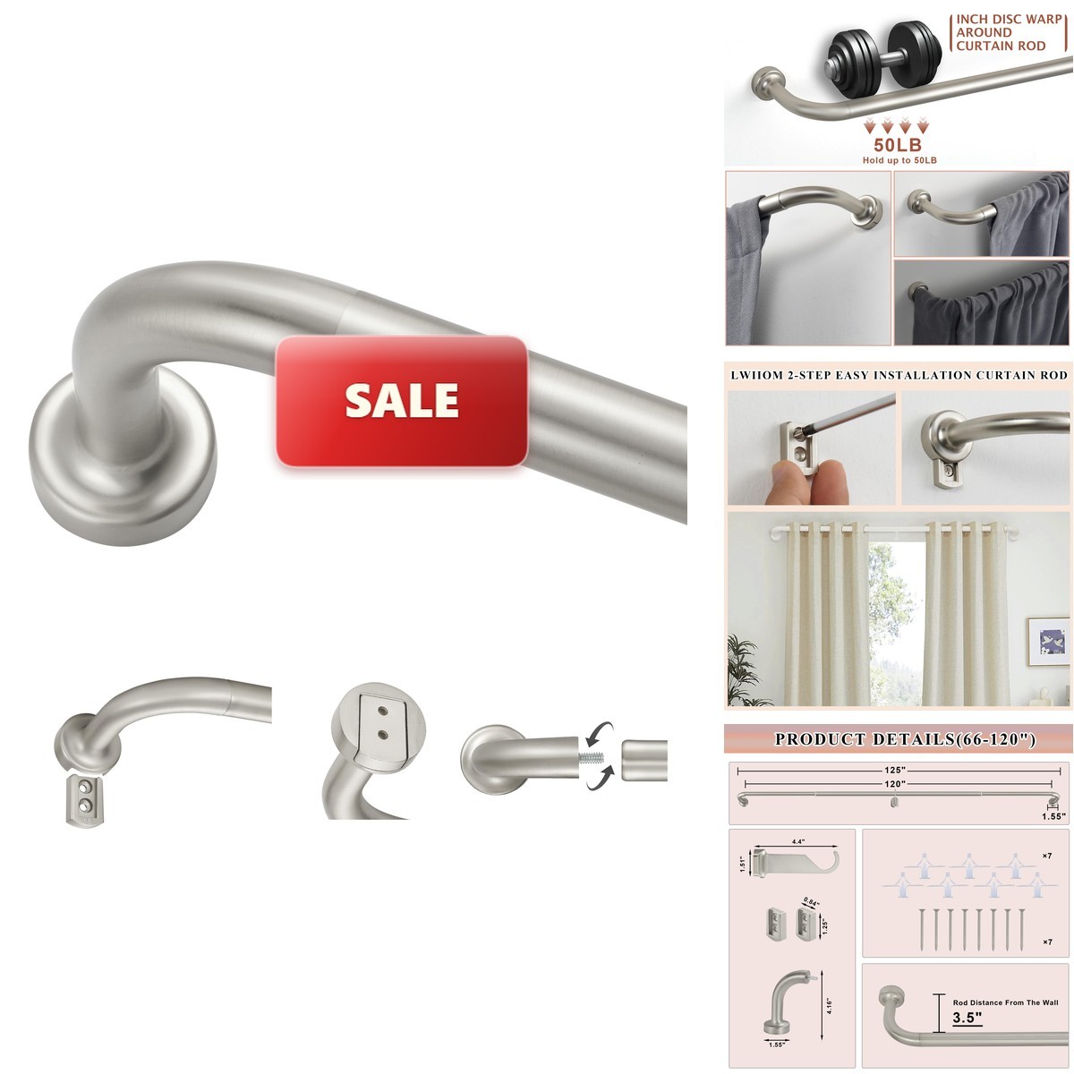 Lwiiom Brushed Nickel Curtain Rods Windows 66 120″,1 Inch Disc Wrap Around