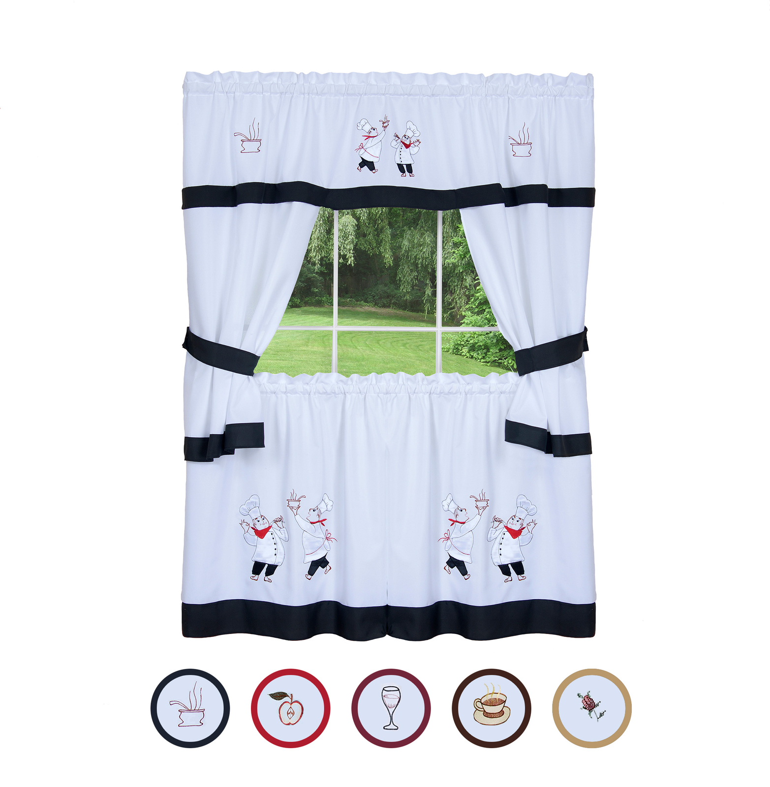 5-Piece Embellished Kitchen Cafe Curtain Cottage Set, Country House Kitchen Set