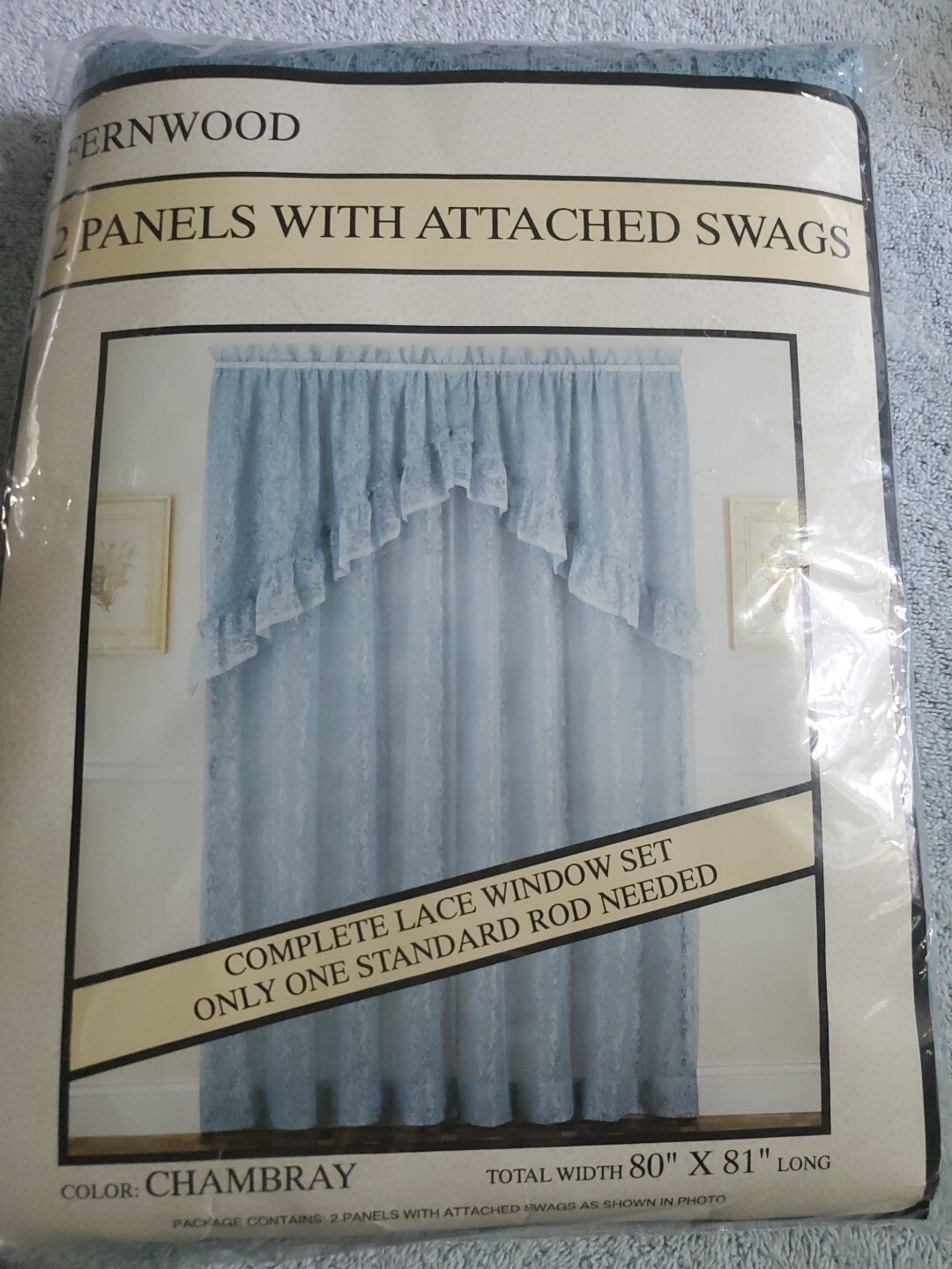 VINTAGE Fernwood Chambray Lace Window Curtain 2 Panels with attached swags NoS