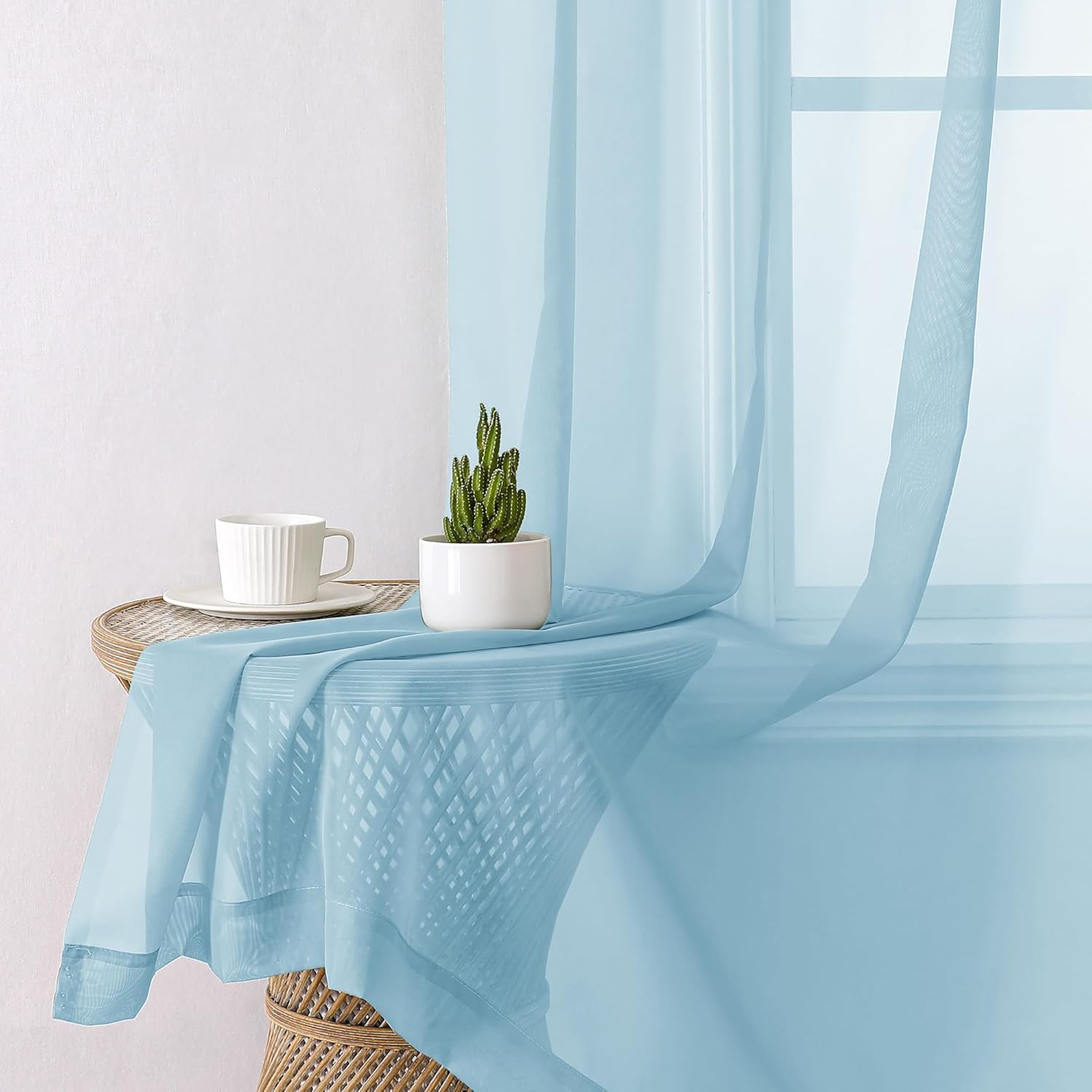 2 Pack Sky Blue Sheer Curtain Panels 84 Inch Light Filtering Voile Drapes