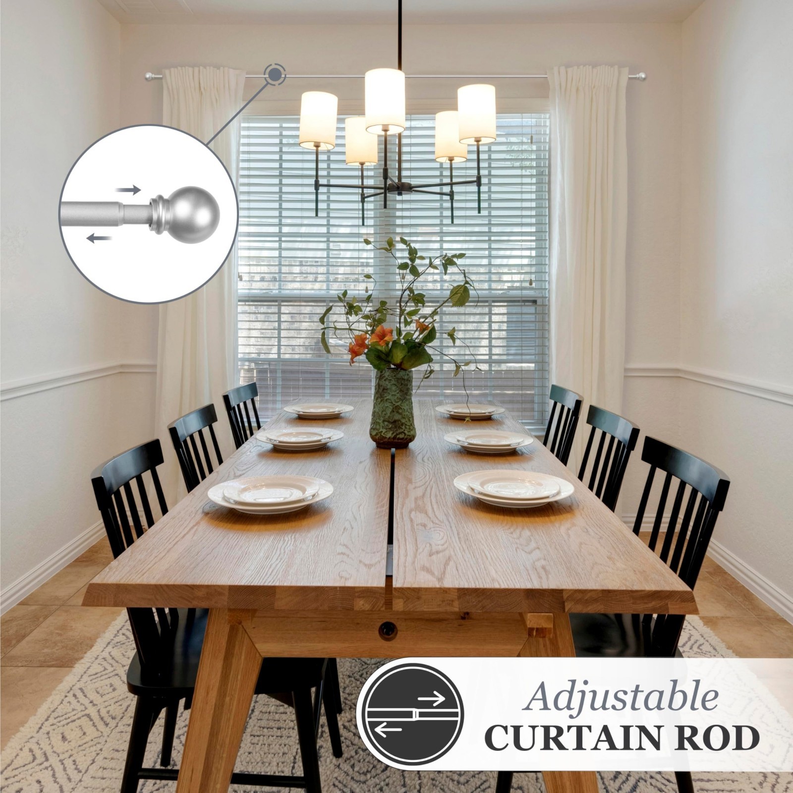 Adjustable Decorative Curtain Rod 48-86″ Brushed Nickel, 5/8″ Steel Tube, Ball E