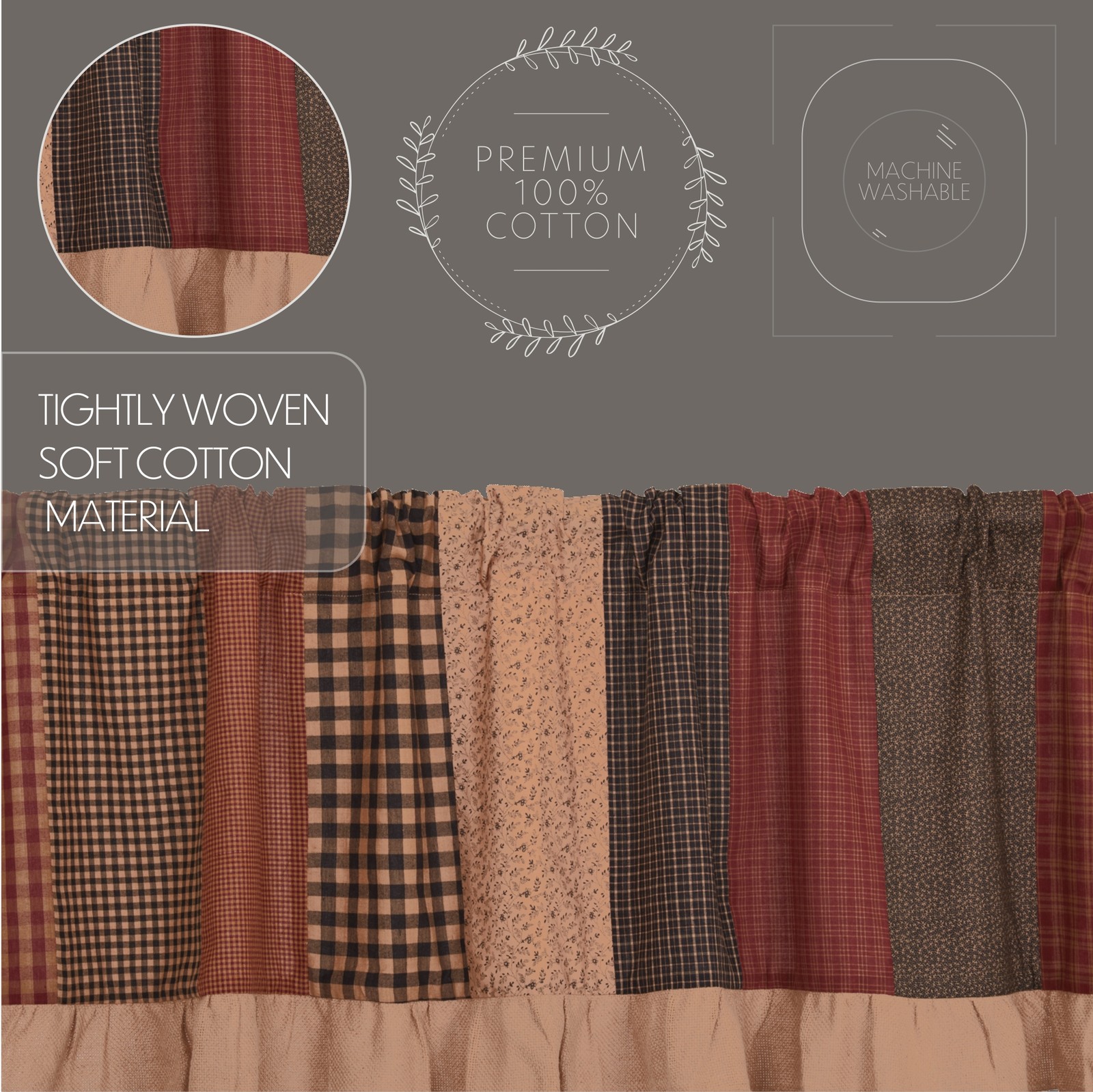 Primitive 19″x60″ Valance Red Rod Pocket Kitchen Window Curtains VHC Brands