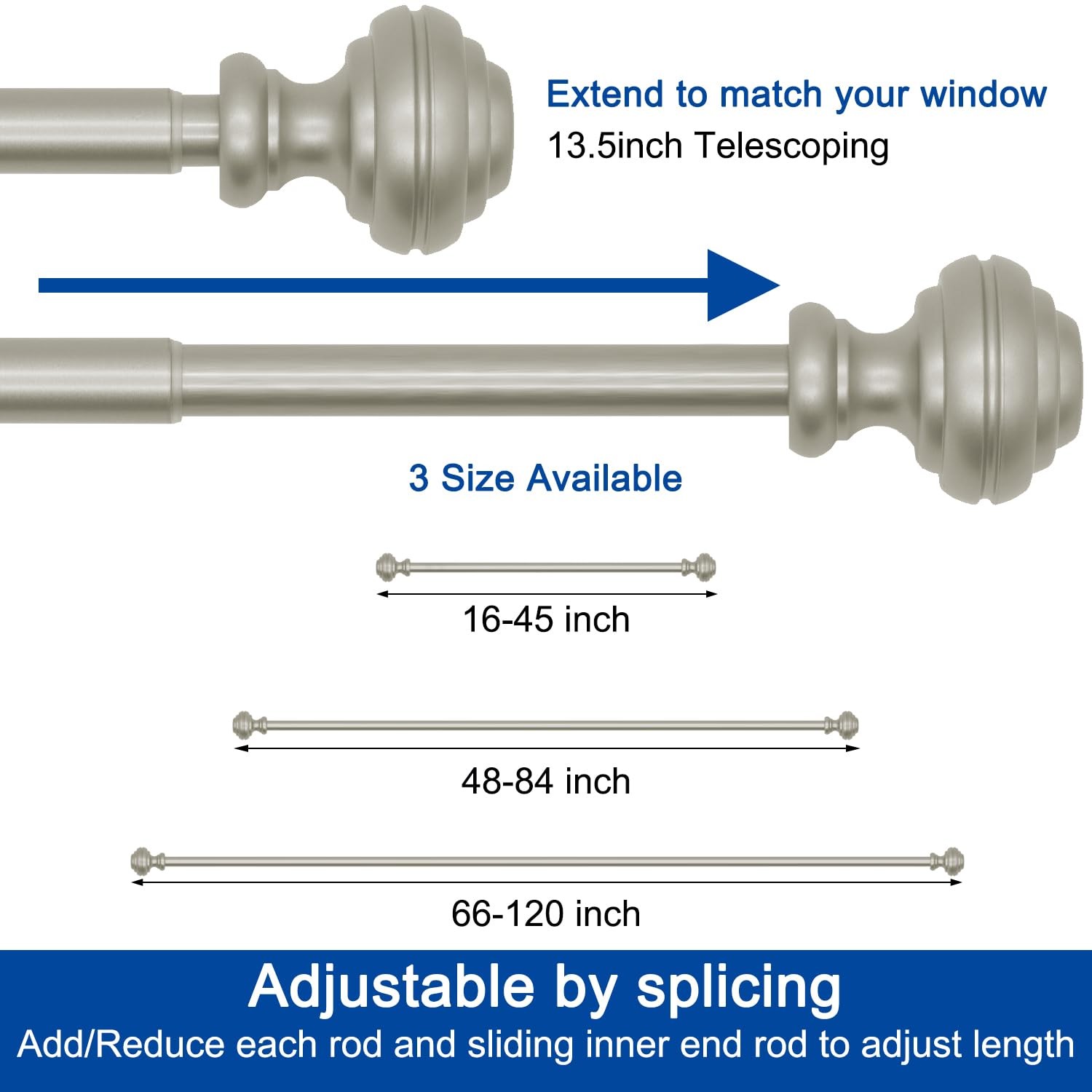 Nickel Heavy Duty Adjustable Decorative Window Curtain Rod 3/4 In 4884 Inch