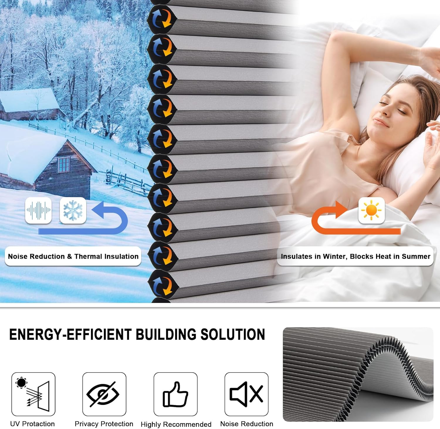 No Drill Cellular Shades for Indoor Windows, Thermal Insulating & Noise Reducing
