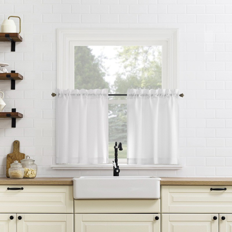 Semi Sheer Tier and Valance Set Navy 56 Inch Wide 36 Inch Long Textured Cafe
