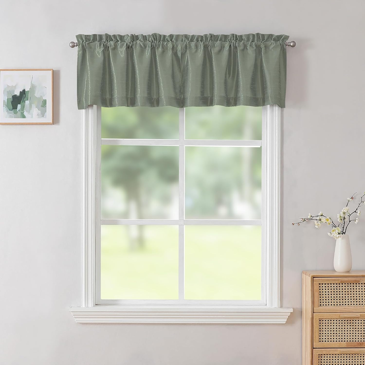 Uptown Sage Green Valance for Window, Faux Silk Room Darkening Slub Fabric Small