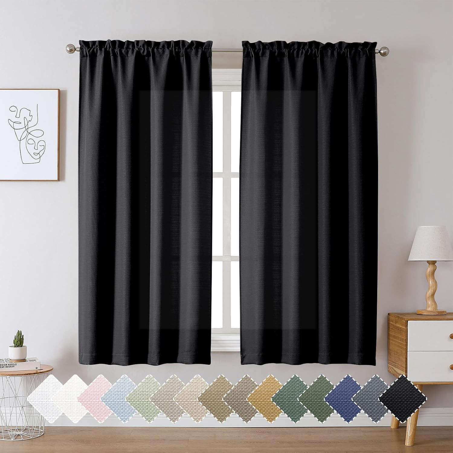 Black Curtains 63 Inch Length 2 Panels, Faux Linen Textured Semi Sheer ..