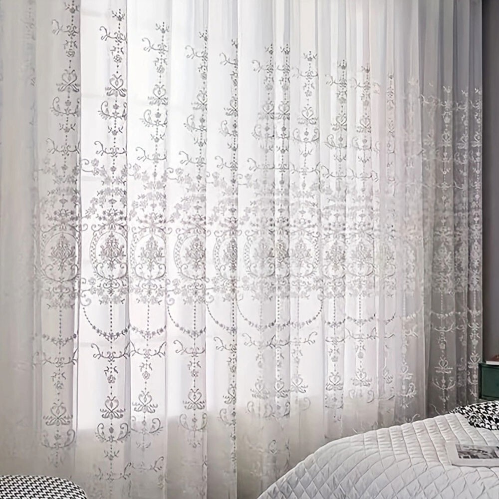 White Embroidery Floral Sheer Curtains Voile Drapes Panels Grommet Top Bedroom