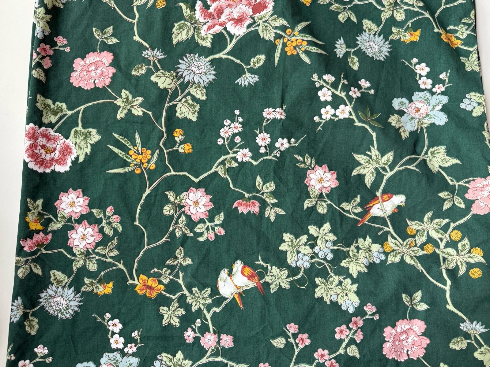 RARE! Vintage *GREEN Floral Flower BIRDS LINED CURTAIN PANEL 81x 63