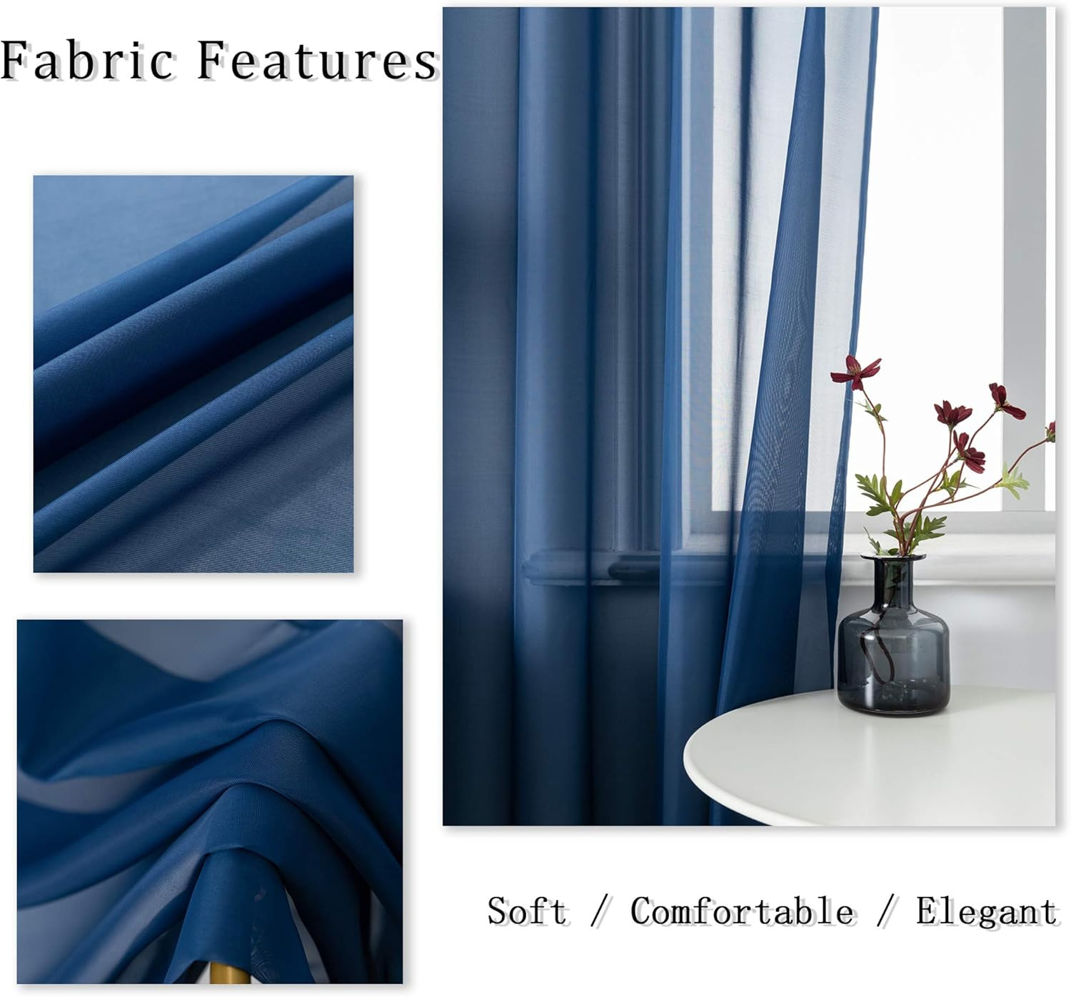 Navy Indigo Blue 54 Inches Sheer Curtains for Bathroom Small Windows with Gromme