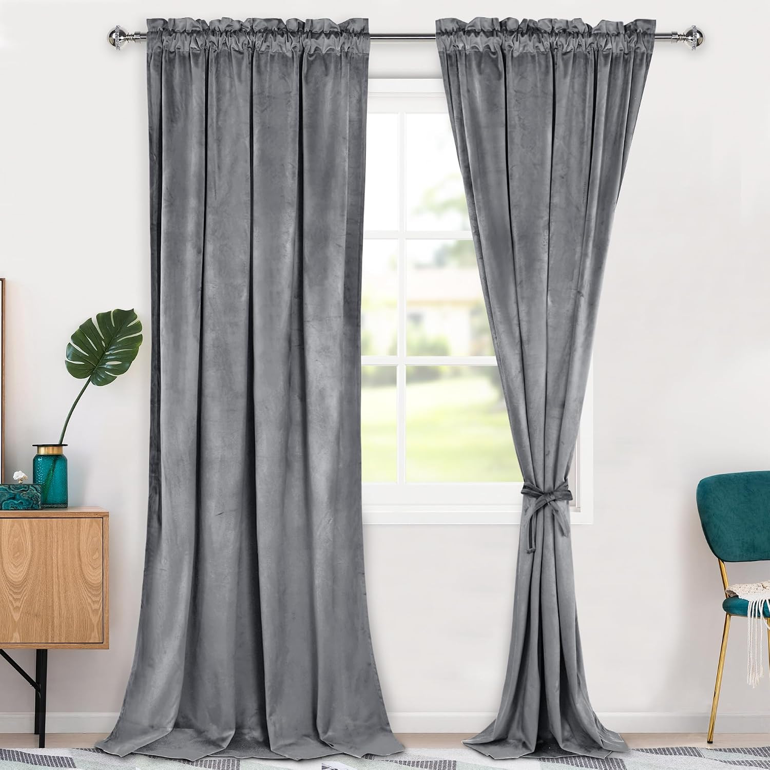 Grey Velvet Curtains 108 inches-Blackout Thermal Insulated Solid Soft Curtains f