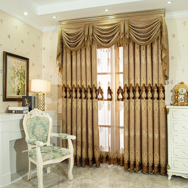 luxury European pastoral embroidery coffee chenille valance curtain tulle M1336