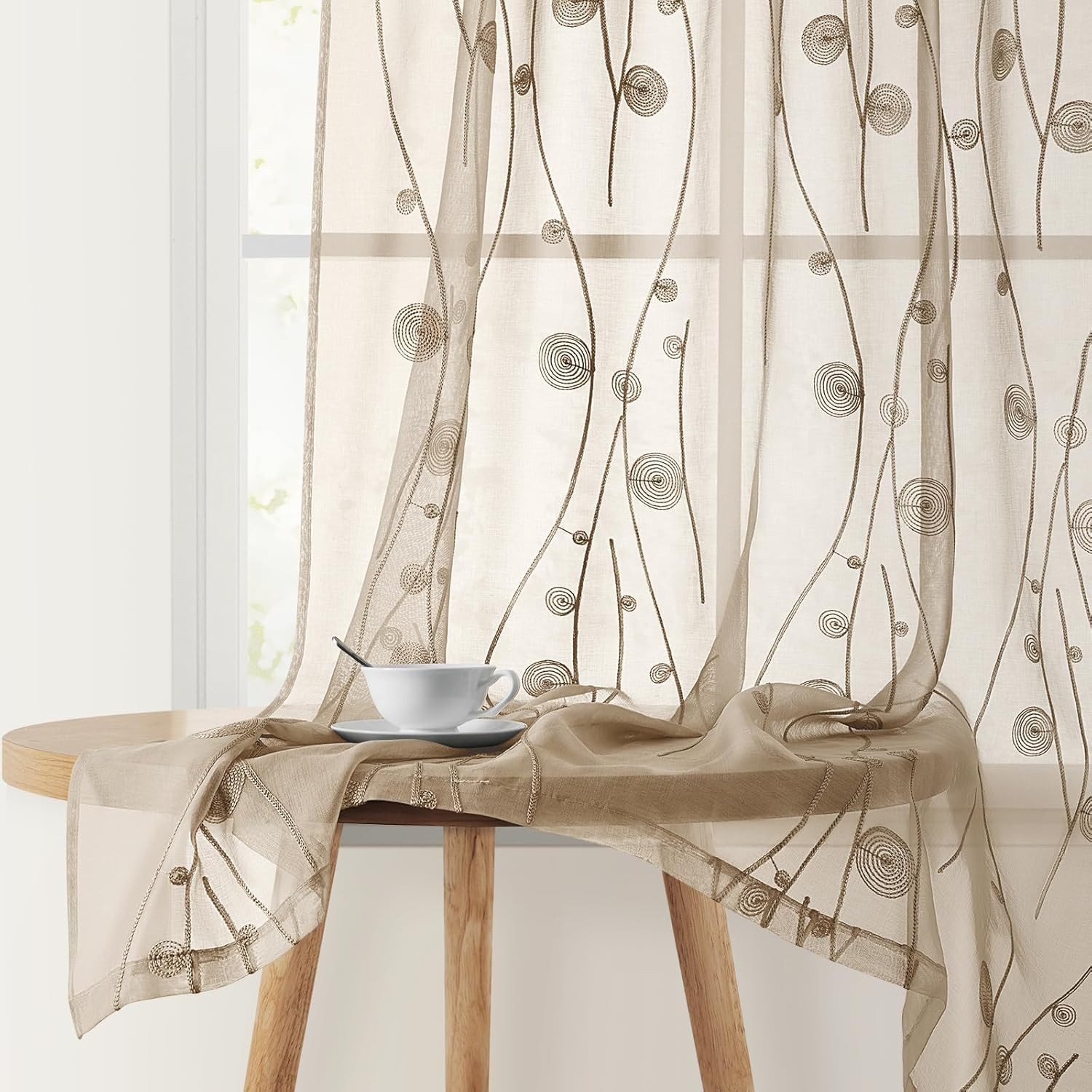 HOMEIDEAS Taupe Sheer Curtains 52 X 63 Inches Length 2 Panels Beige Embroidered