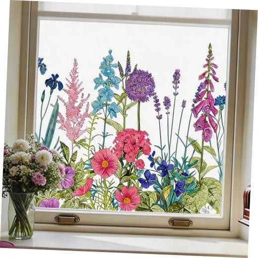 Window Privacy Film,Colorful Florals Decorative Static Botanical Meadow