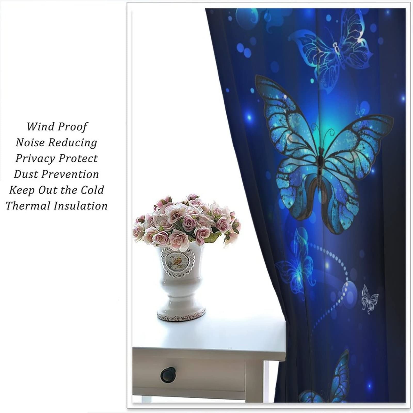 Blue Butterfly Curtains,Glowing Butterflies Black Background Thermal Insulate…