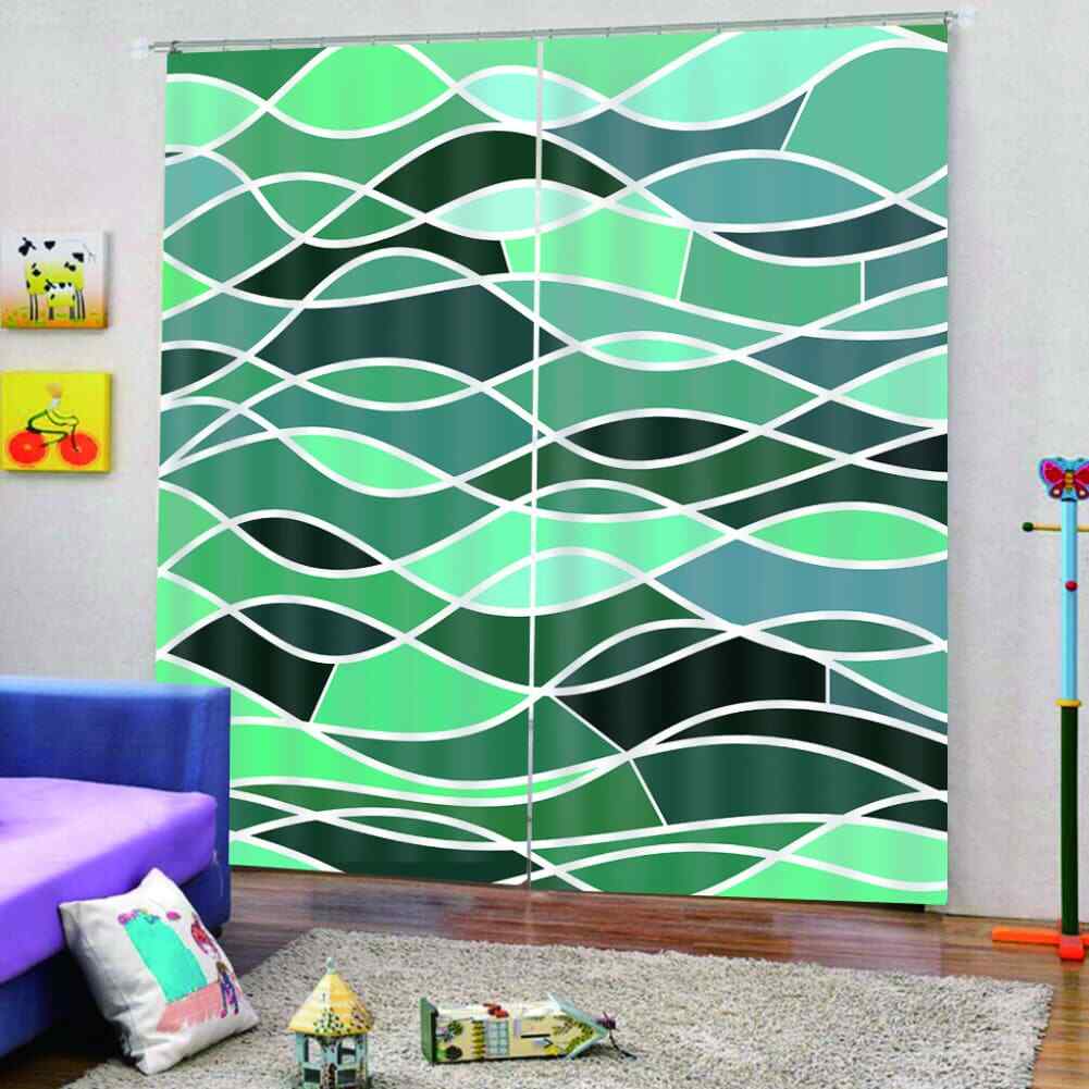 Broken ripples in gradient green Printing 3D Blockout Curtains Fabric Window