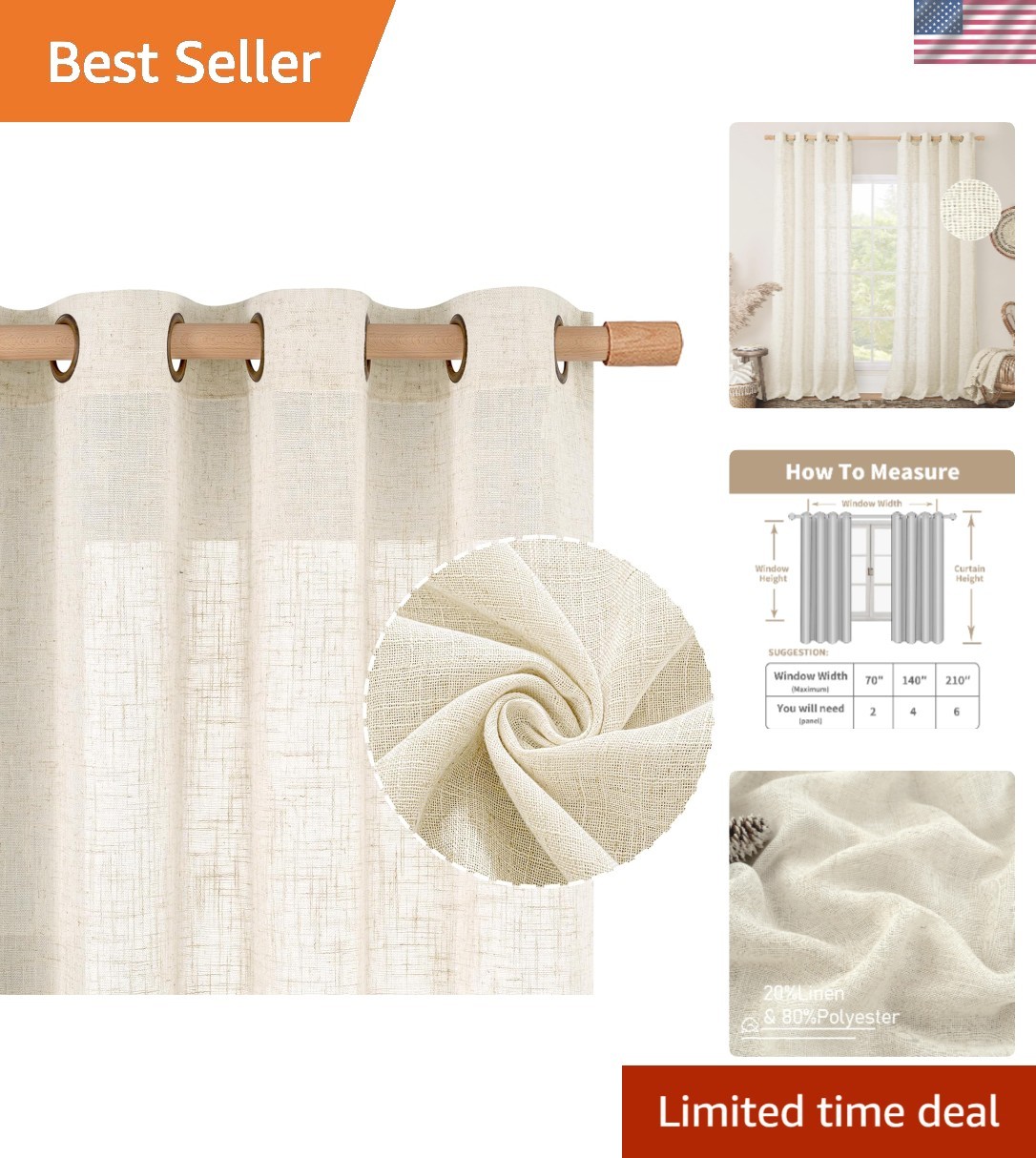 Soft Thick Natural Ivory Linen Curtains 84” – Breathable Light Filtering Drapes