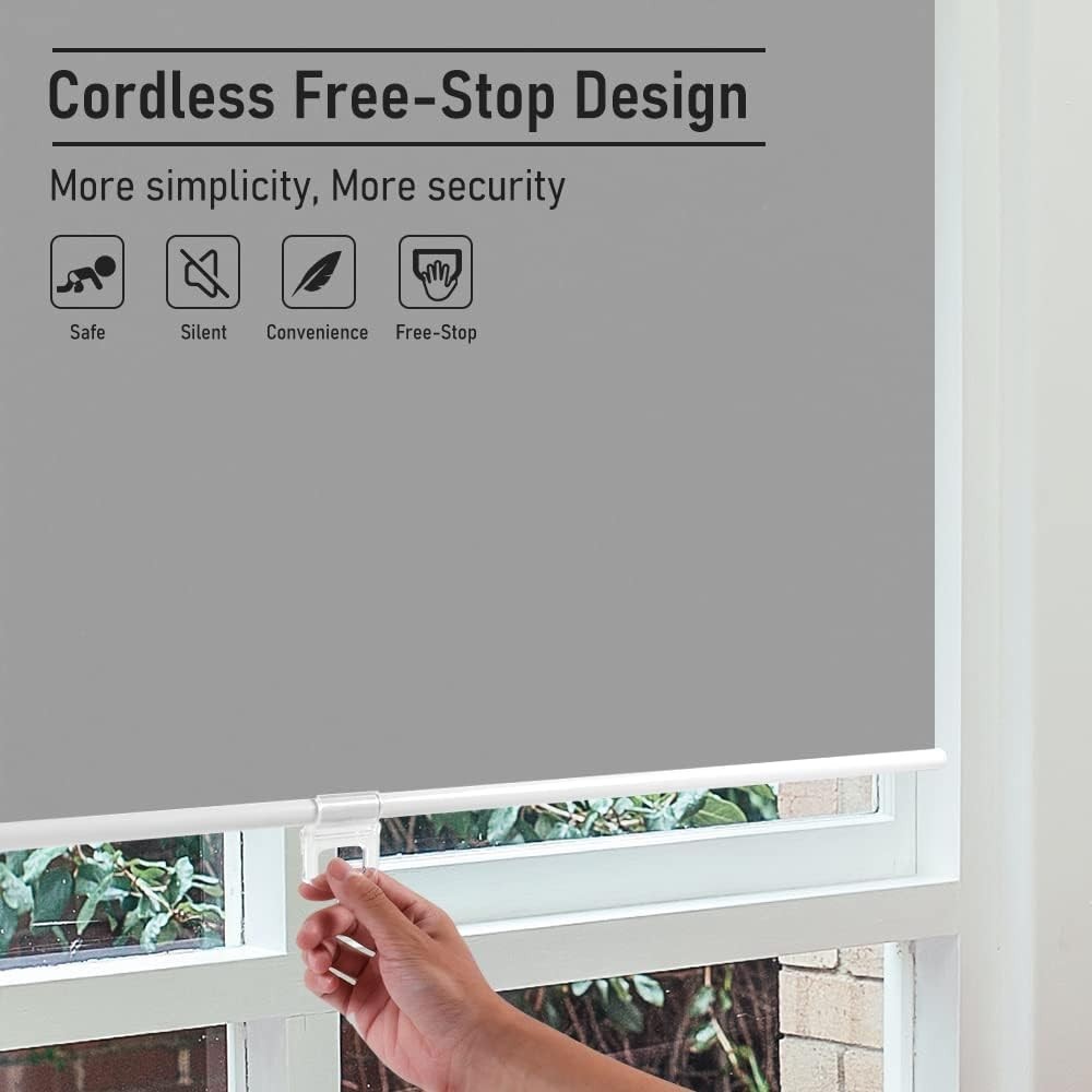 100% Blackout Cordless Roller Shades 33″ W x 72″ H – Stylish Grey for Home Decor