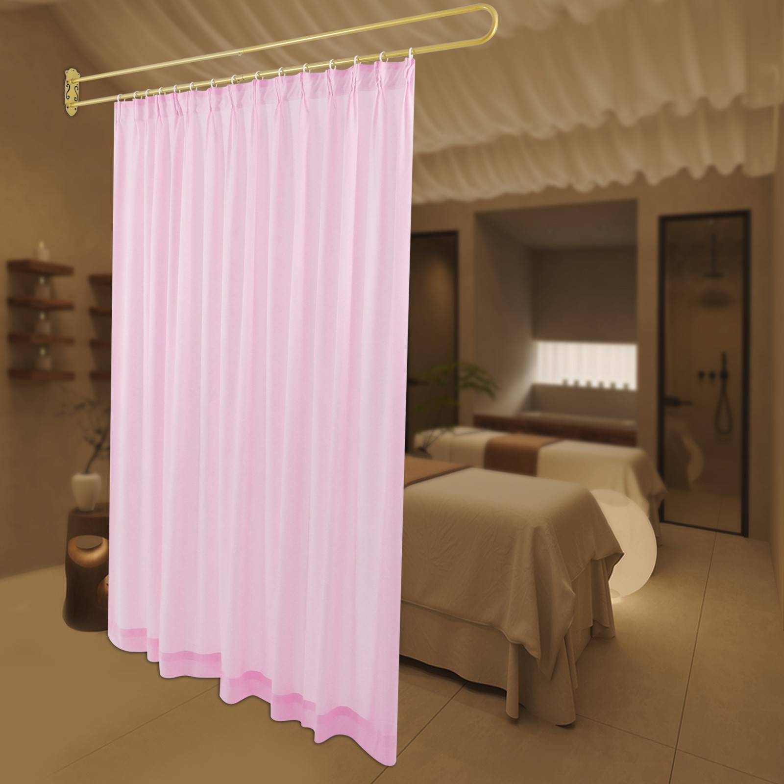 Privacy Partition Curtain Metal Support Wall Mounted U-Shape Room Divider 2M