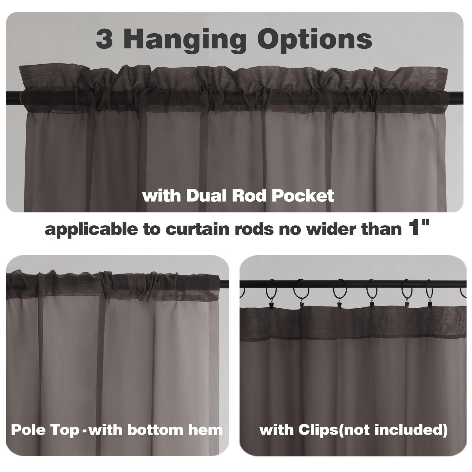 Chocolate Brown Sheer Curtains 54 Inch Long 2 Panels, Light Filtering Rod Poc…