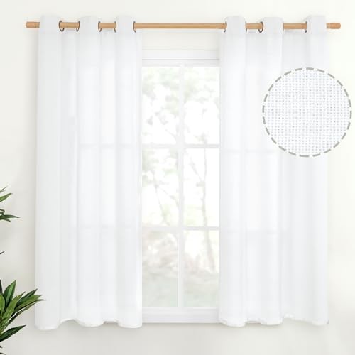 45 Inch Length Linen Curtains for Kitchen Cafe 42″W x 45″L (Pack of 2) White