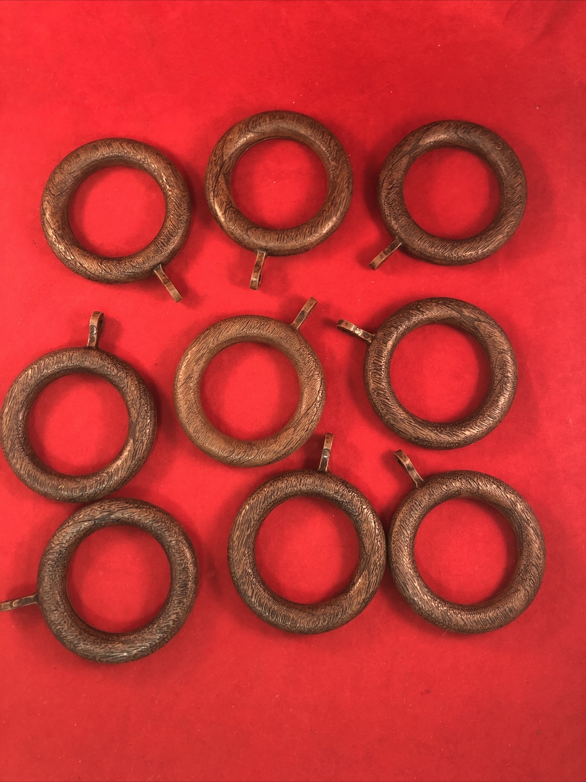 9 Vintage Brown Vintage Wooden Curtain Rod Drapery Round Rings Eye Hooks
