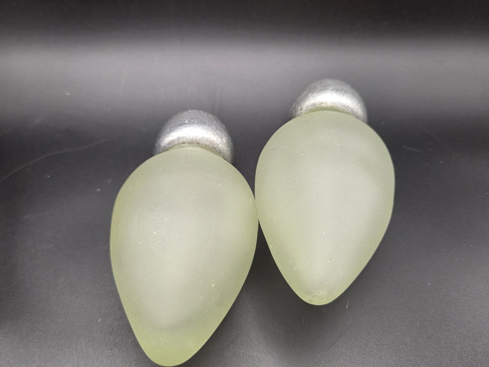 2 Pottery Barn Frosted Green Glass Pewter Style Curtain Rod Finials