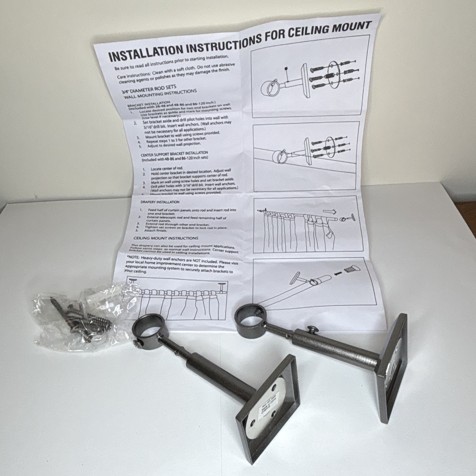 3/4 in Ceiling Mount Curtain Rod Brackets Set, Silver Metal, 2 Pack w/Screws