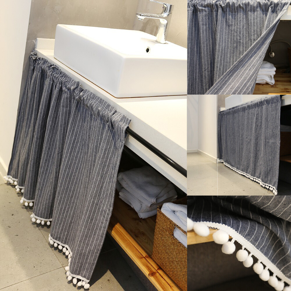 Rod Pocket Pom Pom Stripe Short Curtain for Cabinet Kitchen Window Drape Valance