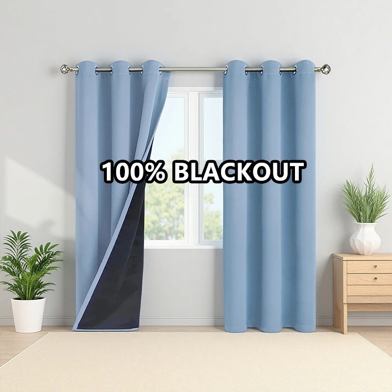 Pair of Blackout Curtains Eyelet Ring Top Ready Made Thick Thermal Curtain Set